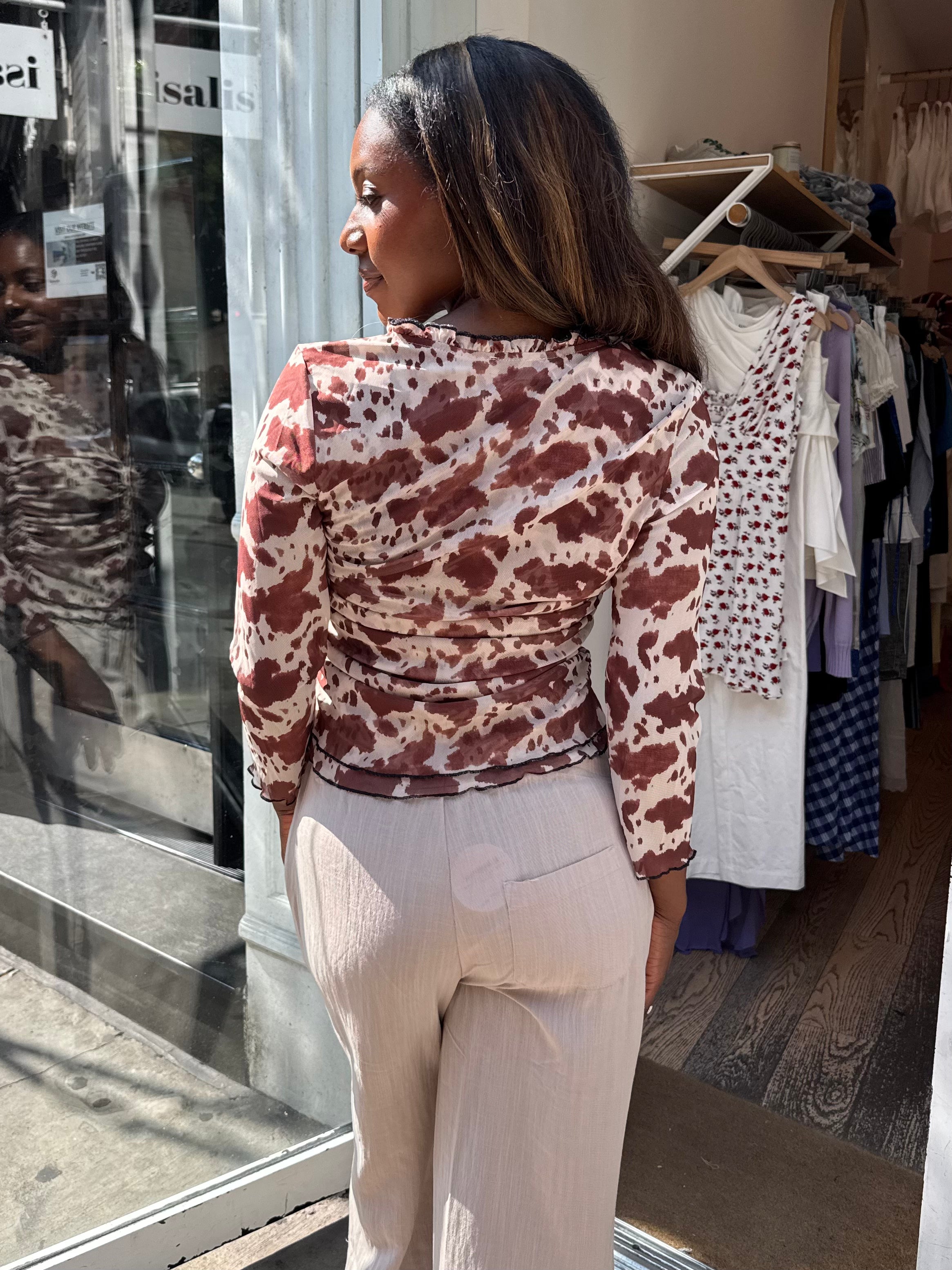 MooMoo Plunge Mesh Top in Cow