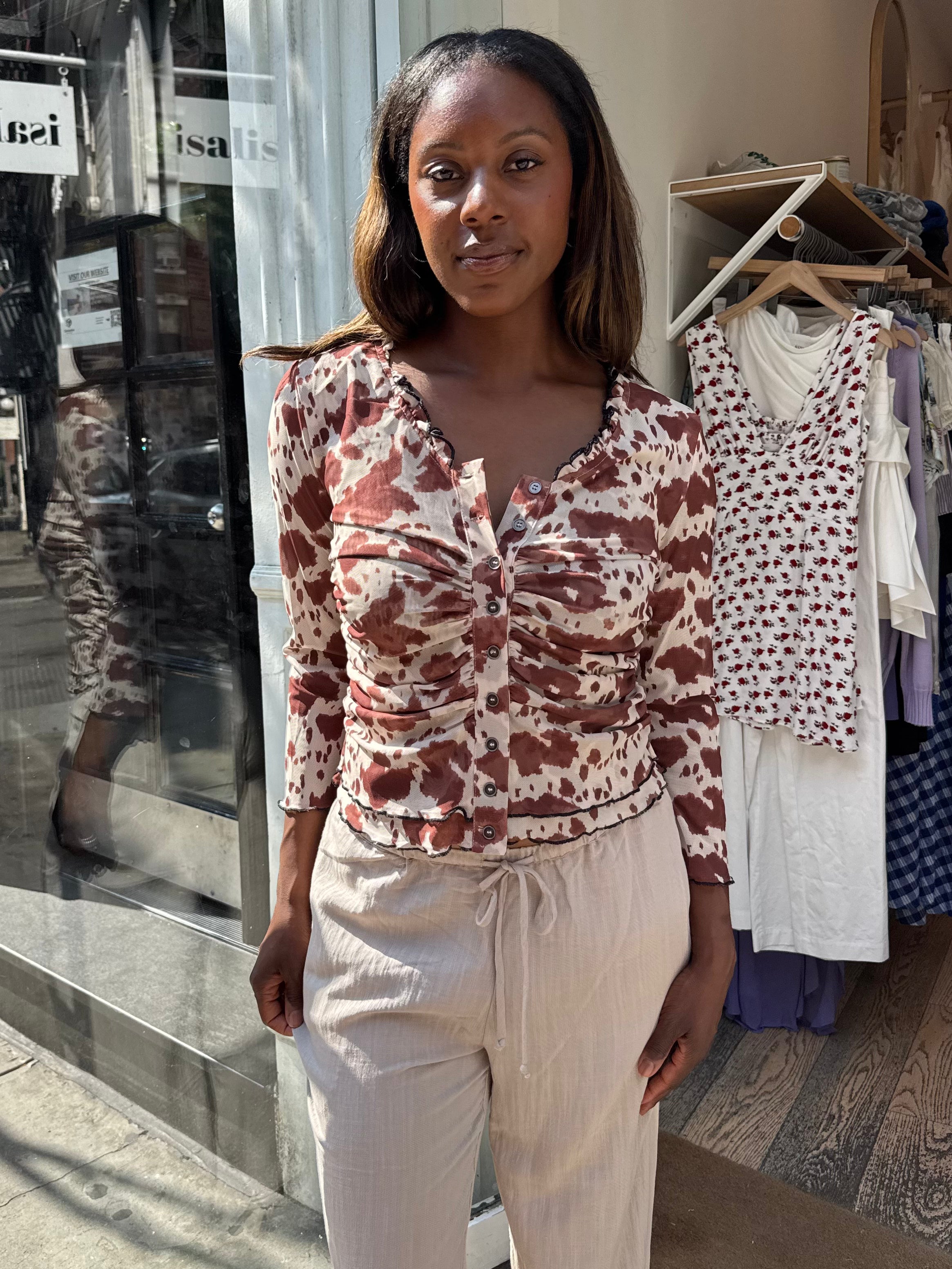 MooMoo Plunge Mesh Top in Cow