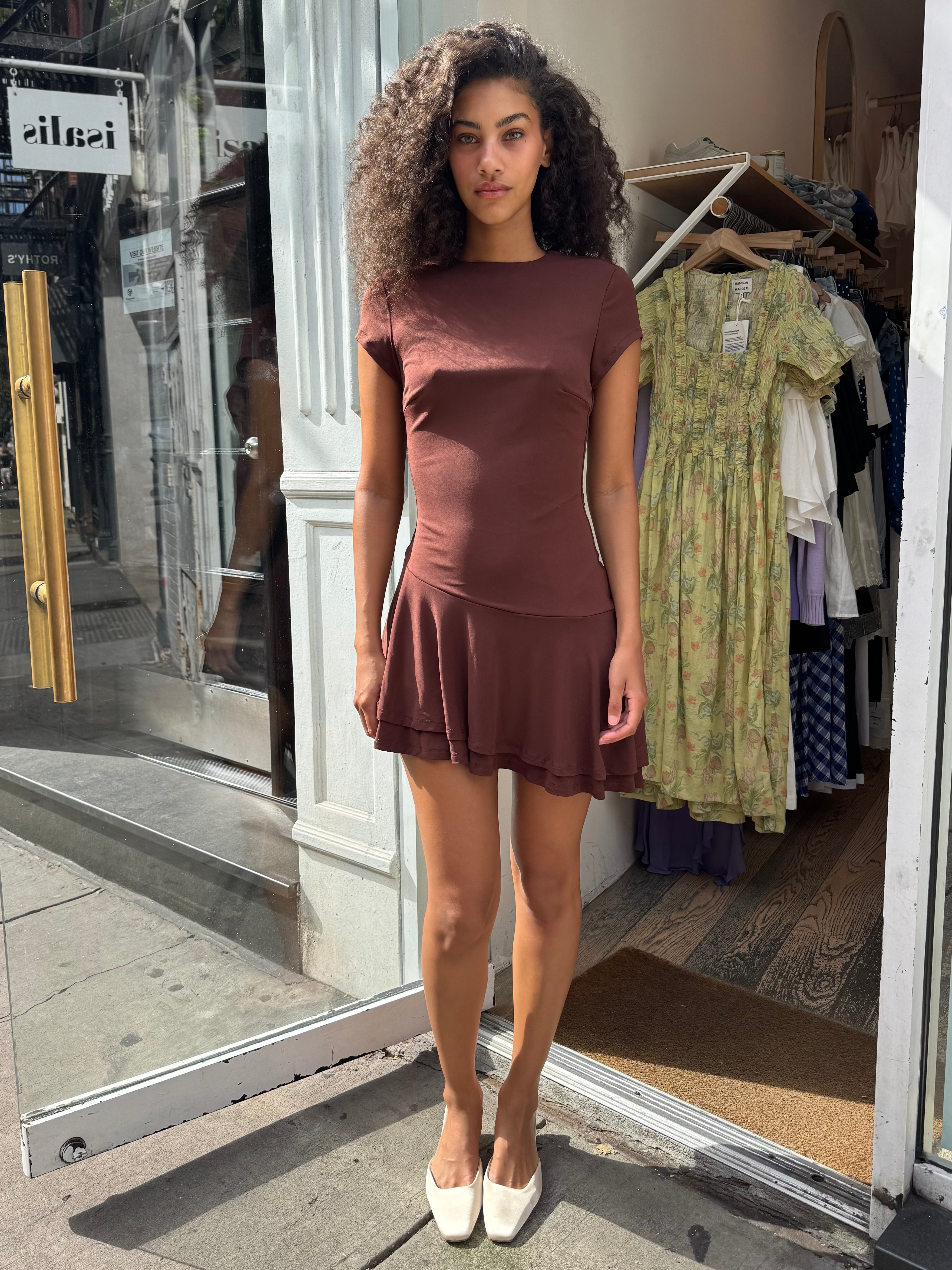 Jorja Asym Ruffle Mini Romper in Brown