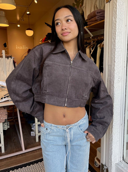 Tallia Twill Cropped Jacket in Charcoal