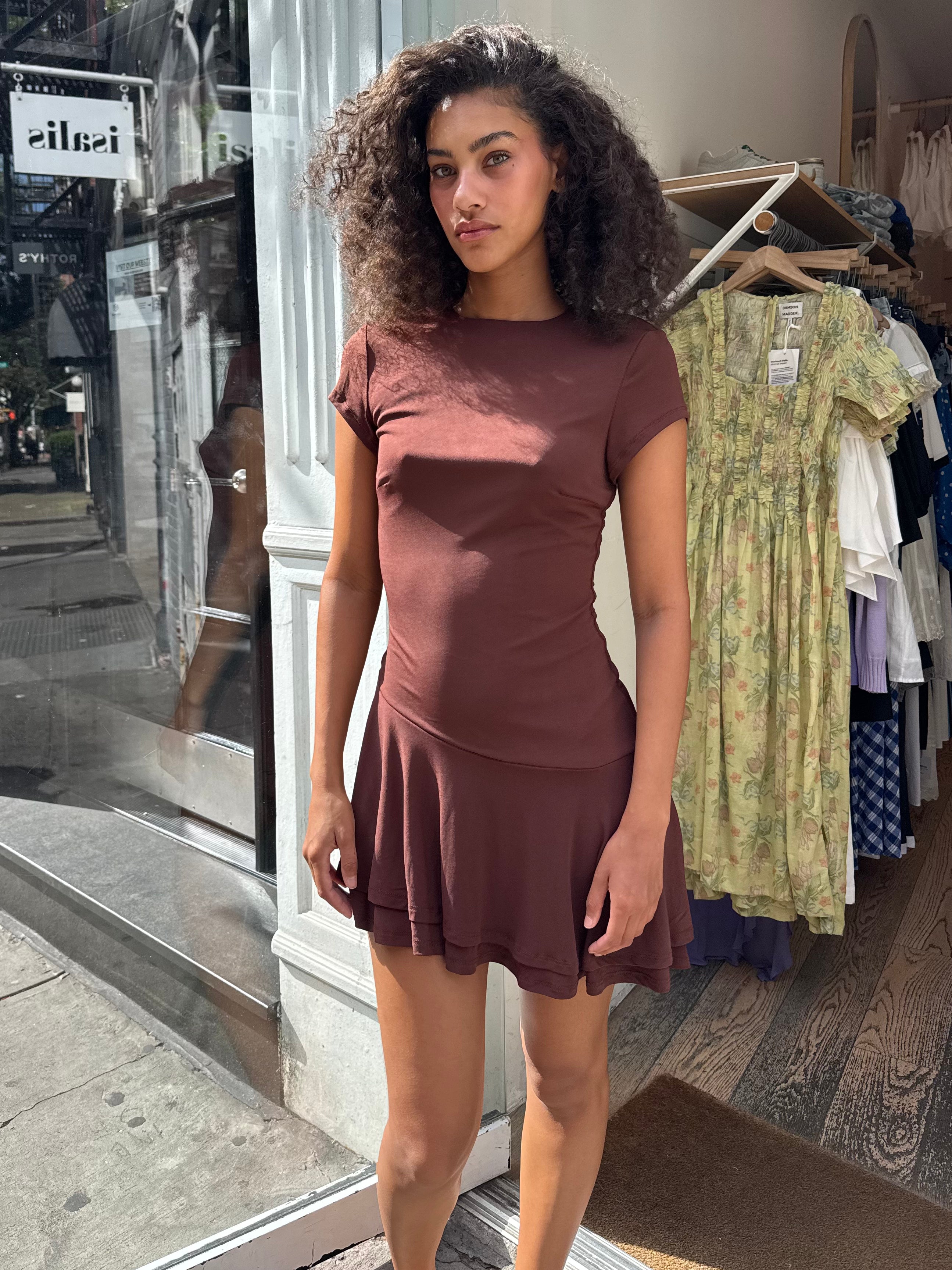 Jorja Asym Ruffle Mini Romper in Brown