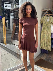 Jorja Asym Ruffle Mini Romper in Brown