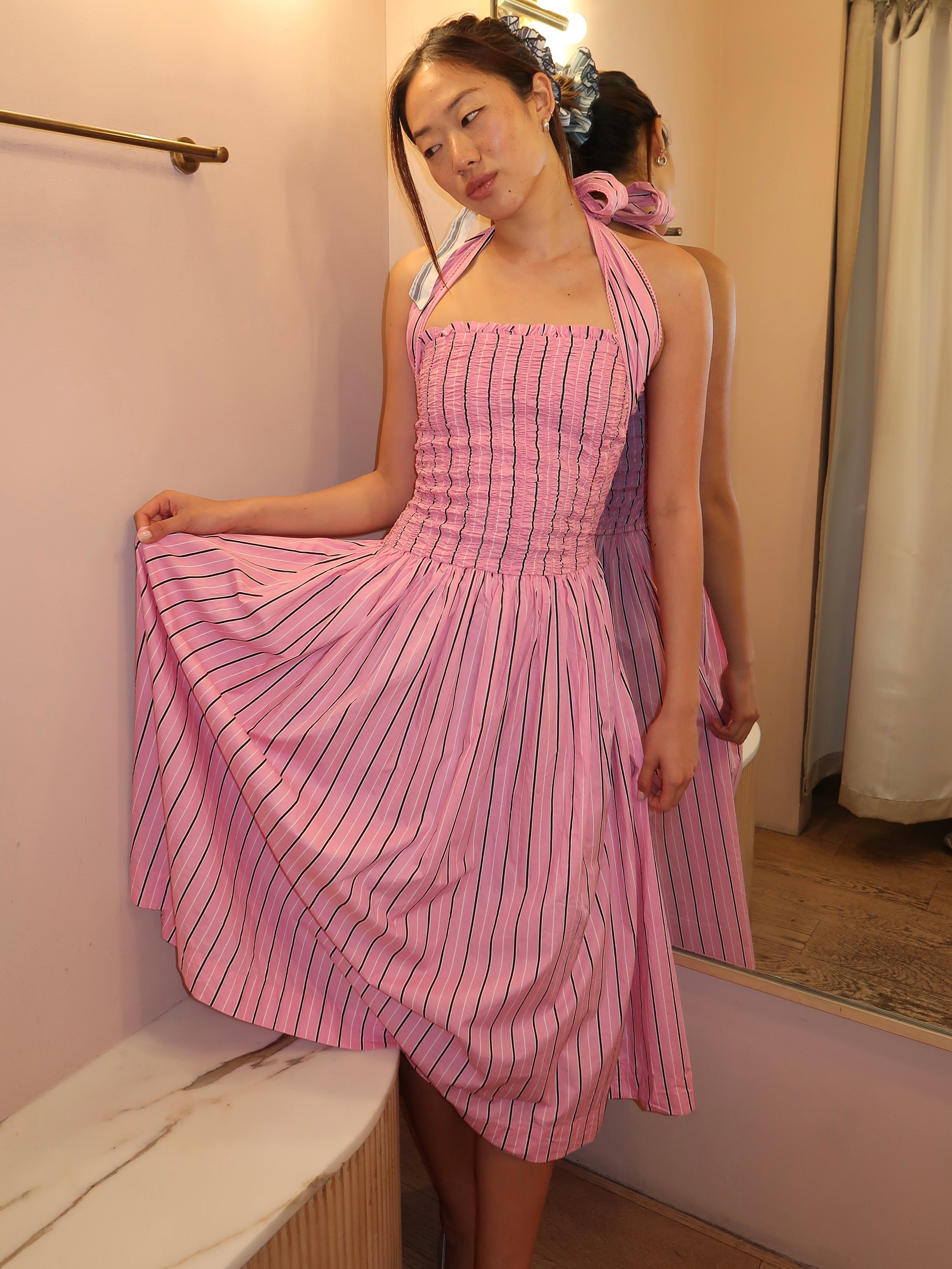 Mia Midi Dress in Pink Business Stripe