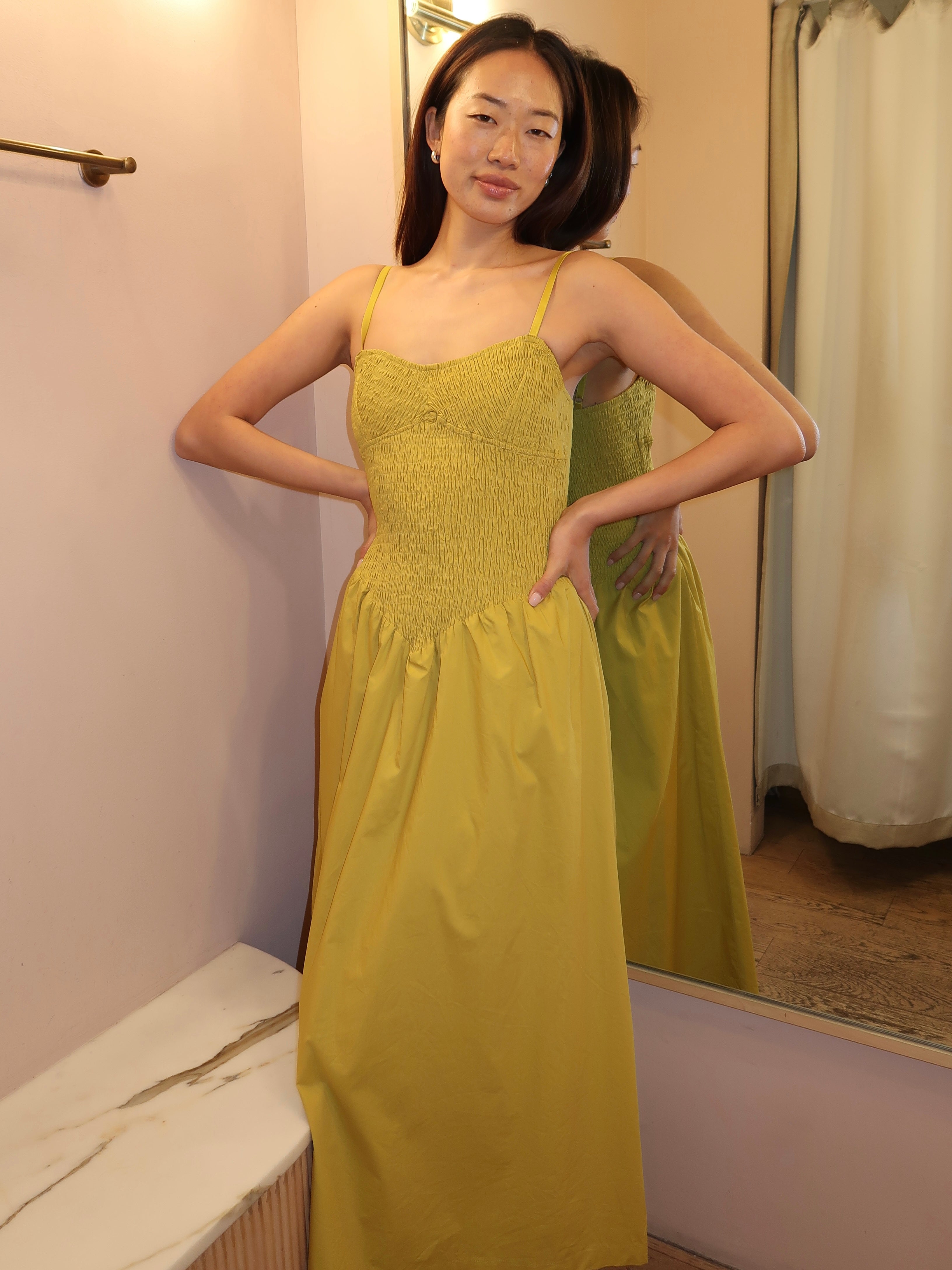 chartreuse maxi dress Sway Katie Bop Fitted waist tops a column Criss-cross Chartreuse Ruched A-line Halter