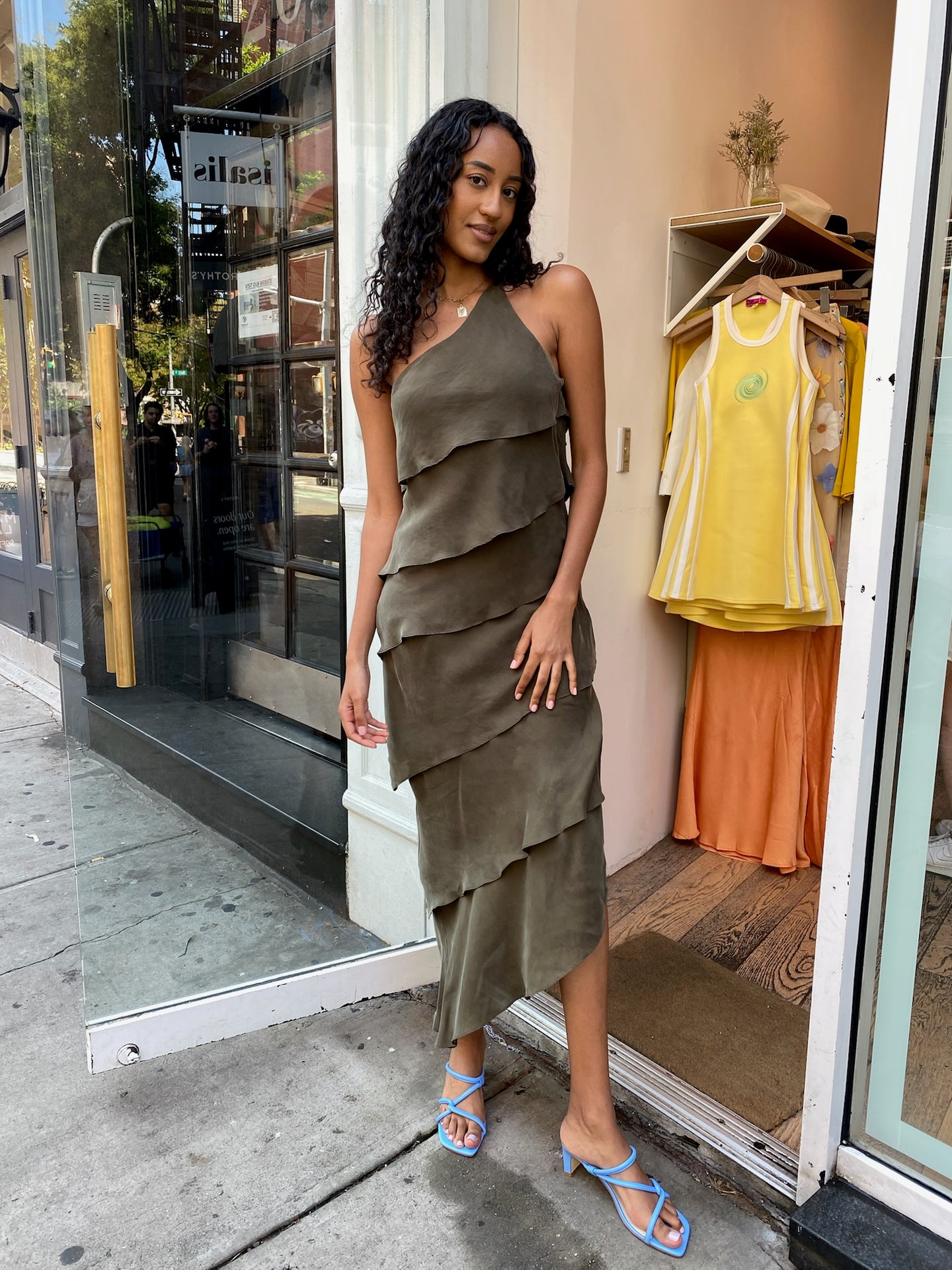 Matilda One Shoulder Dress in Steel Olive
