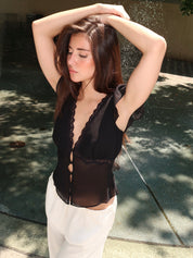 Darling Lace Trim Flutter Top in Black
