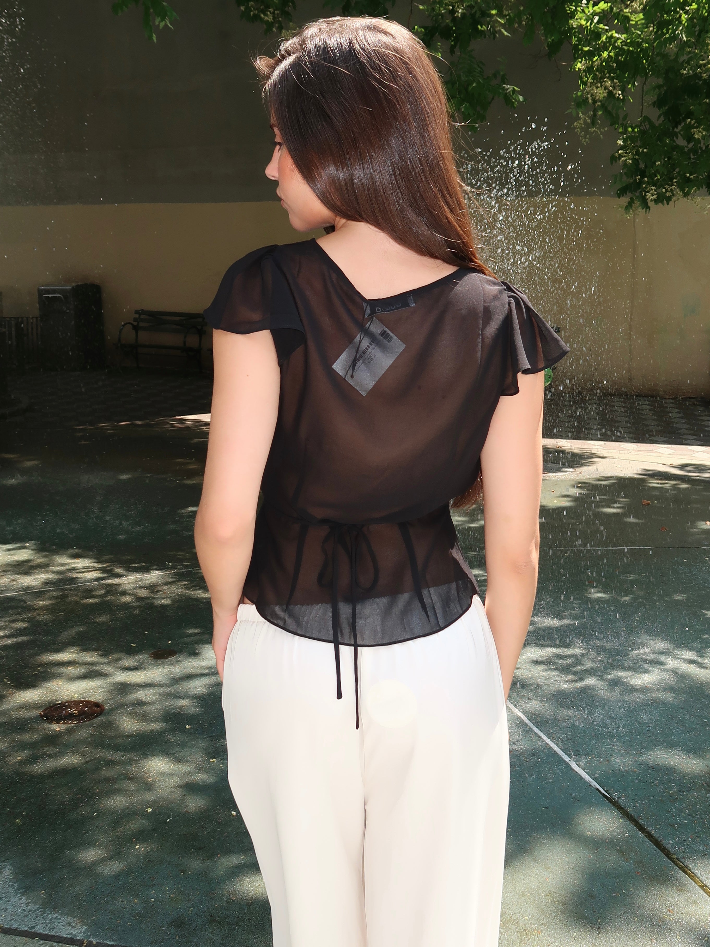 Darling Lace Trim Flutter Top in Black