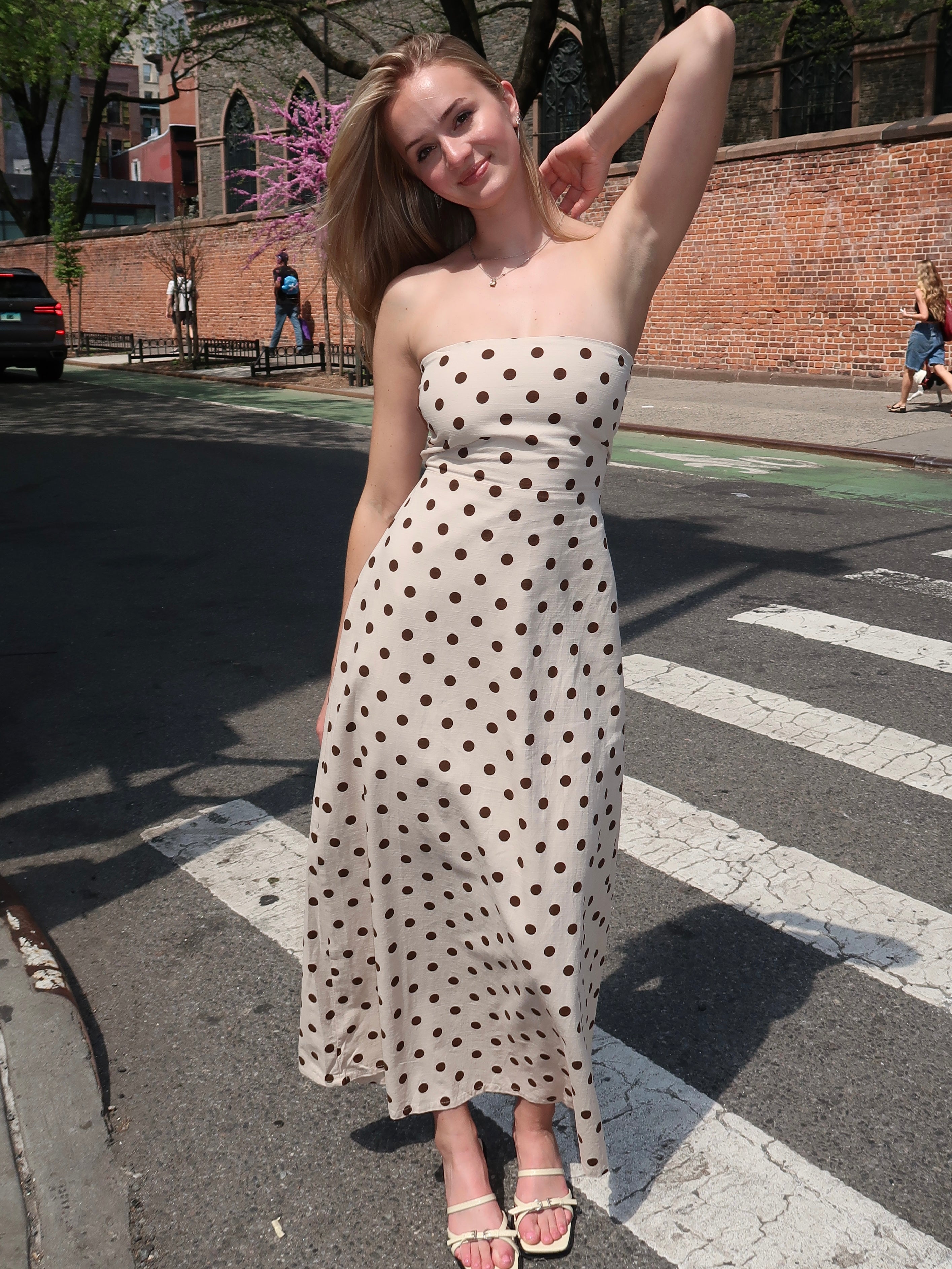 Townes Strapless Dress in Brown Dot