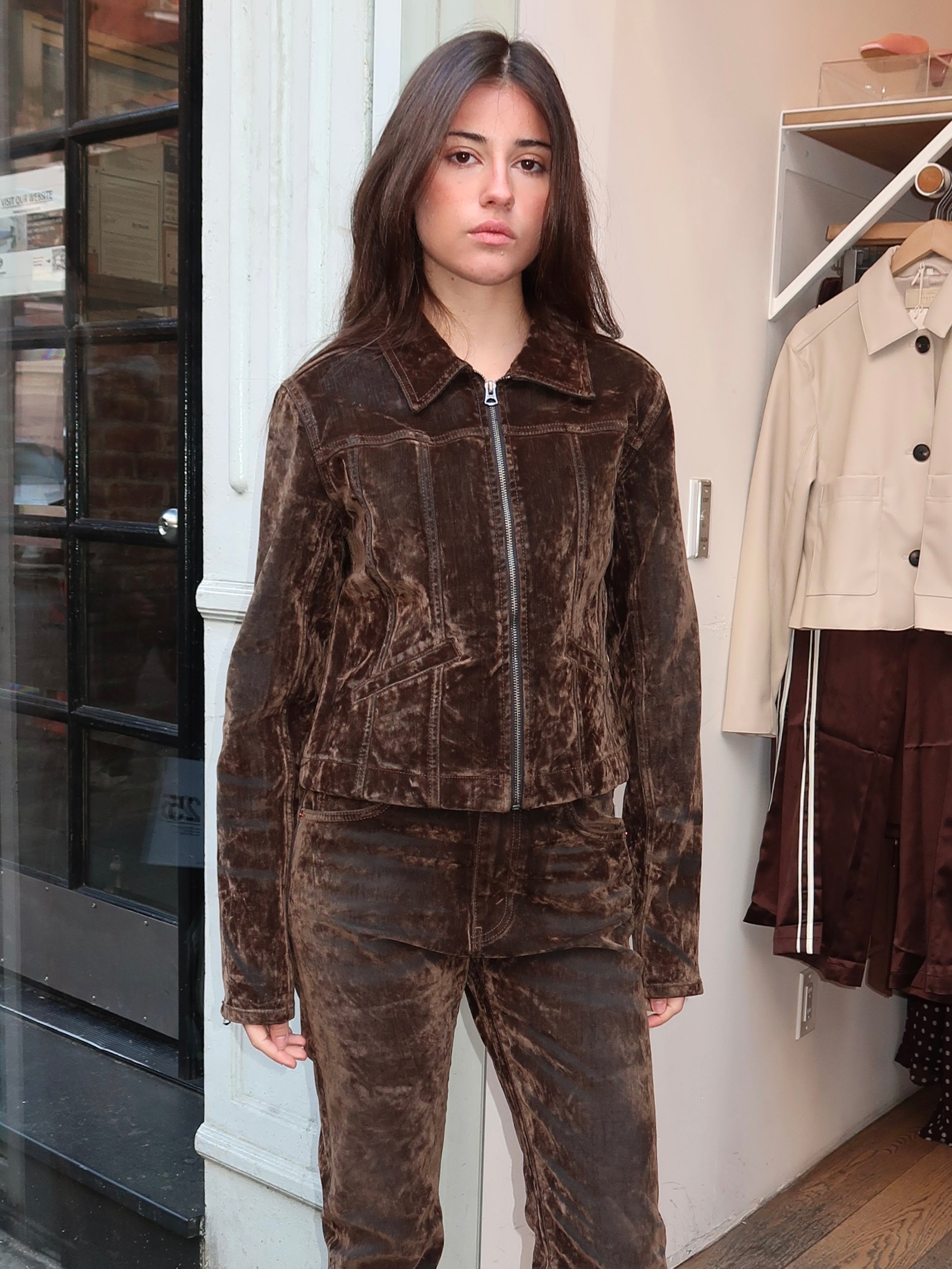 Slim Zip Up Jacket in Olive Branch Flocked