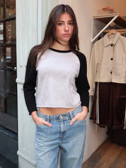 Shrunken Baseball Raglan in Light Heather Grey/Black