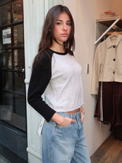 Shrunken Baseball Raglan in Light Heather Grey/Black