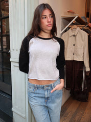 Shrunken Baseball Raglan in Light Heather Grey/Black