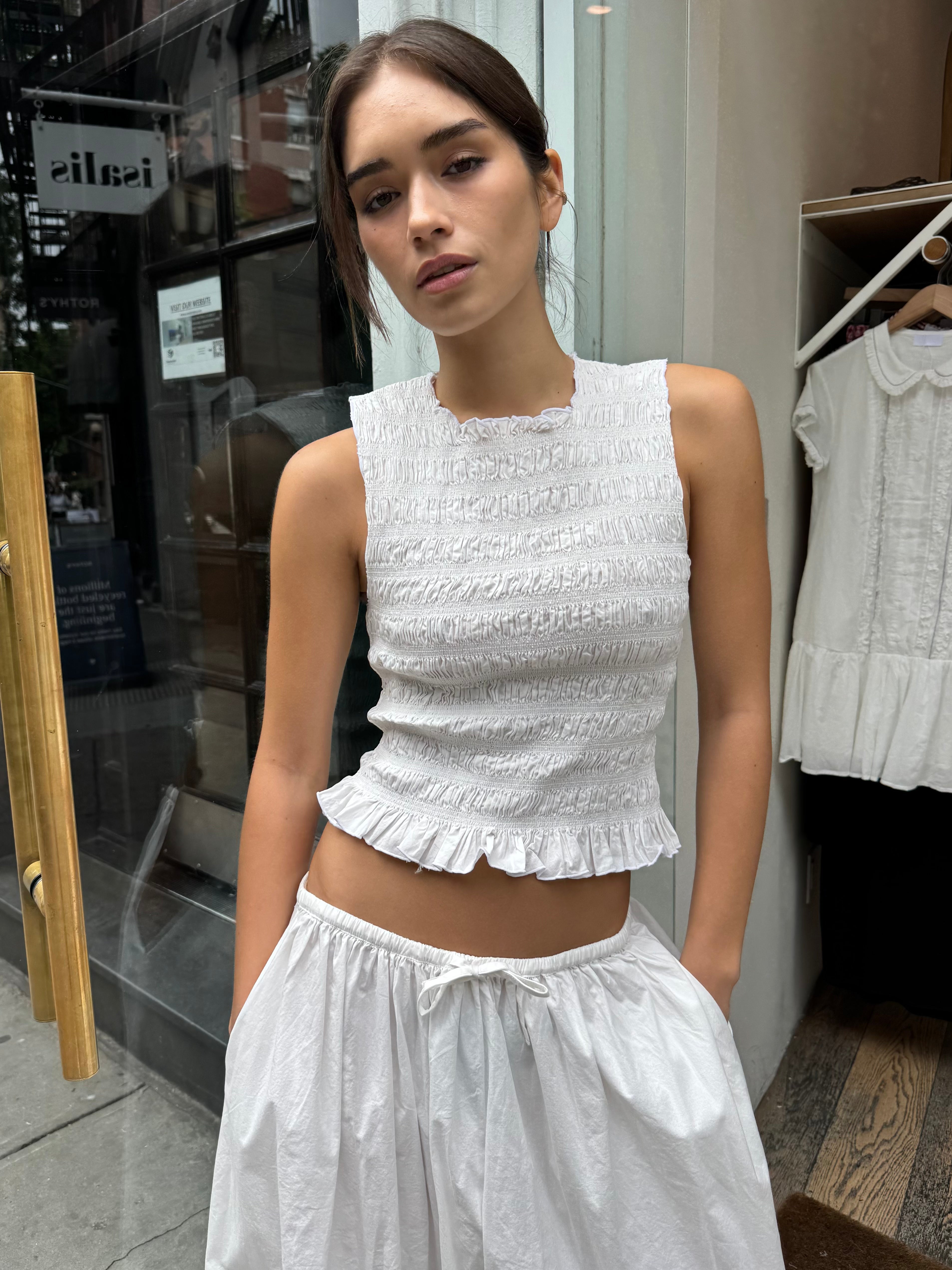 Phoebe Smocked Tank in Le Blanc