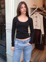 Lace Scoop Neck Long Sleeve in Black