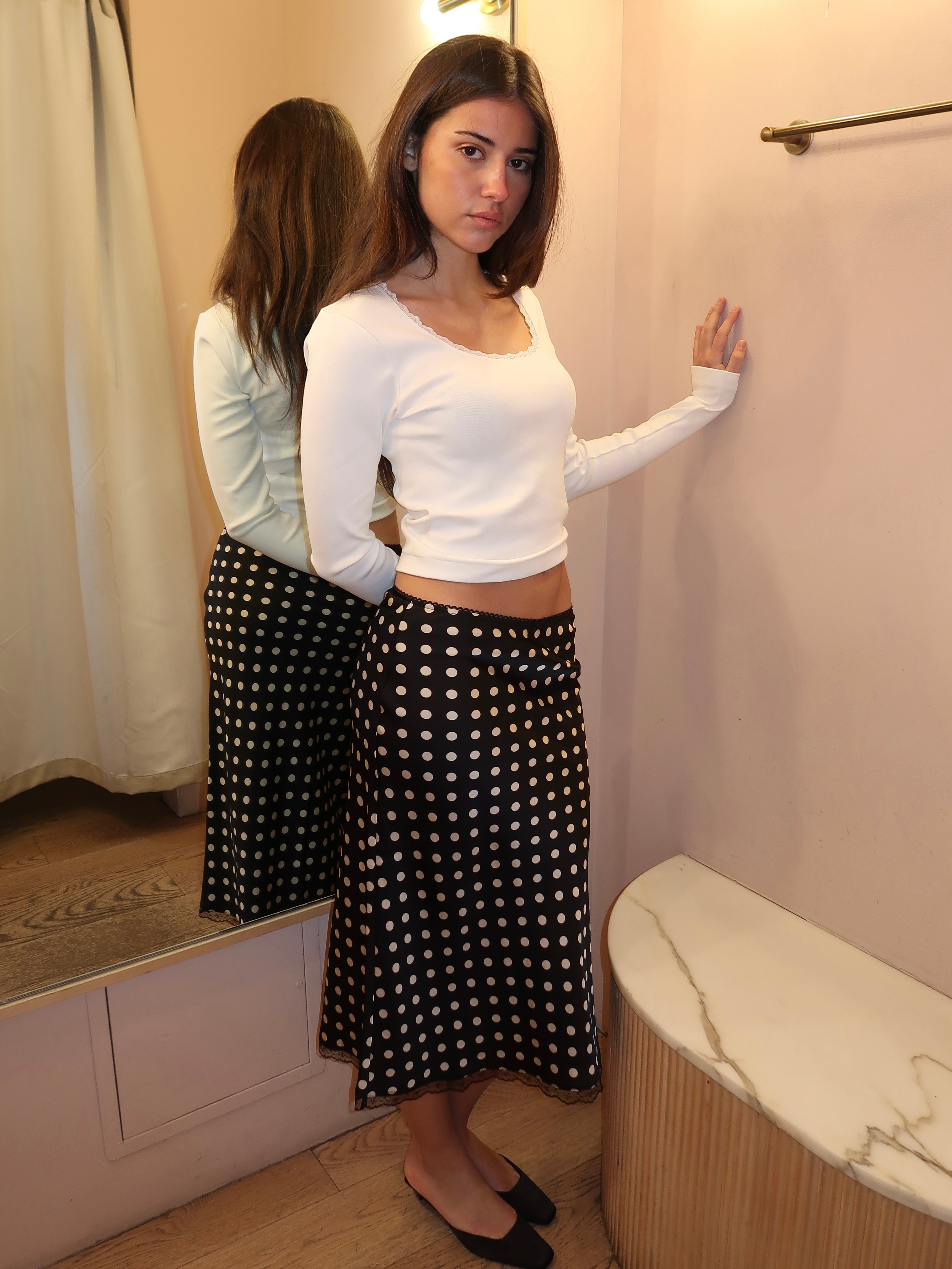 Brooke Midi Skirt in Black Dot