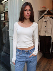 Lace Scoop Neck Long Sleeve in Off-White