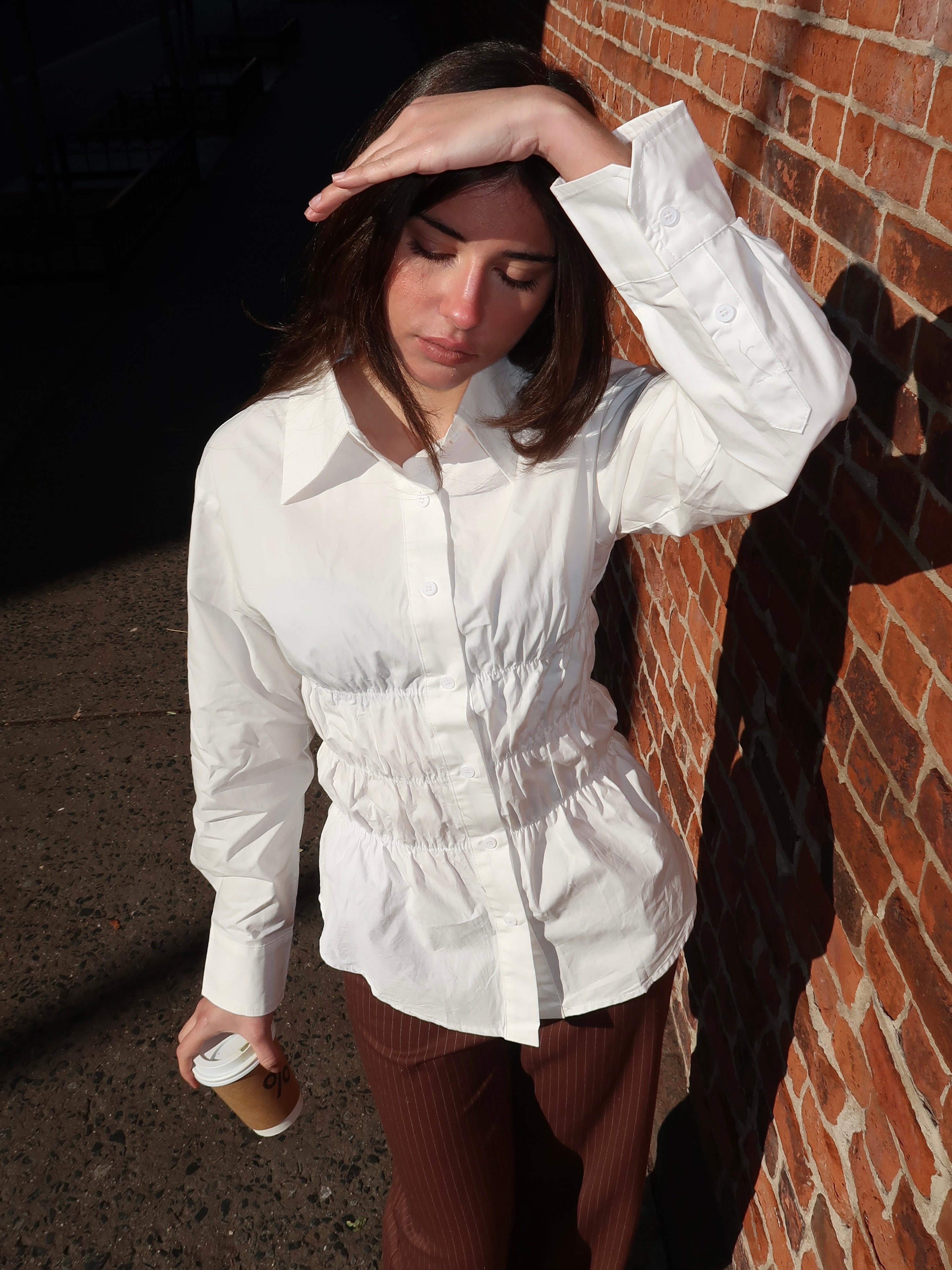 Effie Ruched Long Sleeve Shirt in White