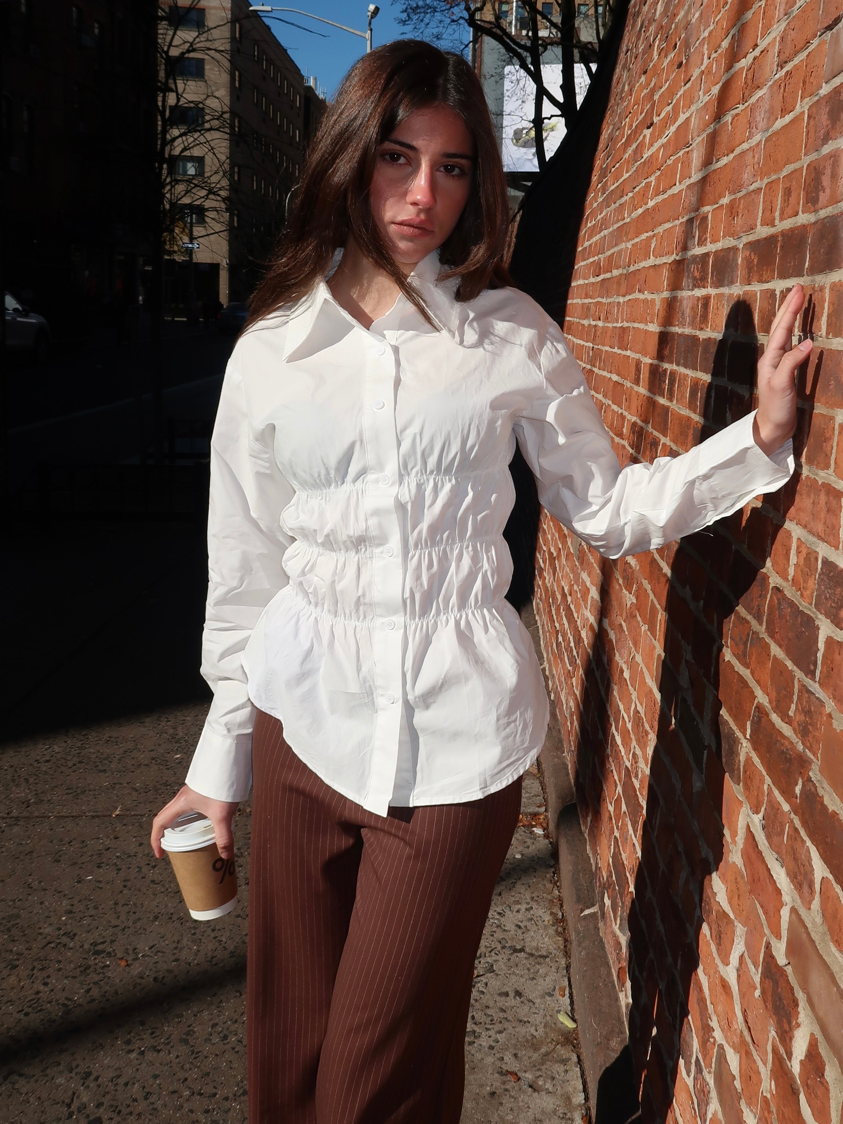 ruched dress shirt PrettyLittleThing Women's Check Button Down Ruched Long Sleeve Shirt Dress in Brown