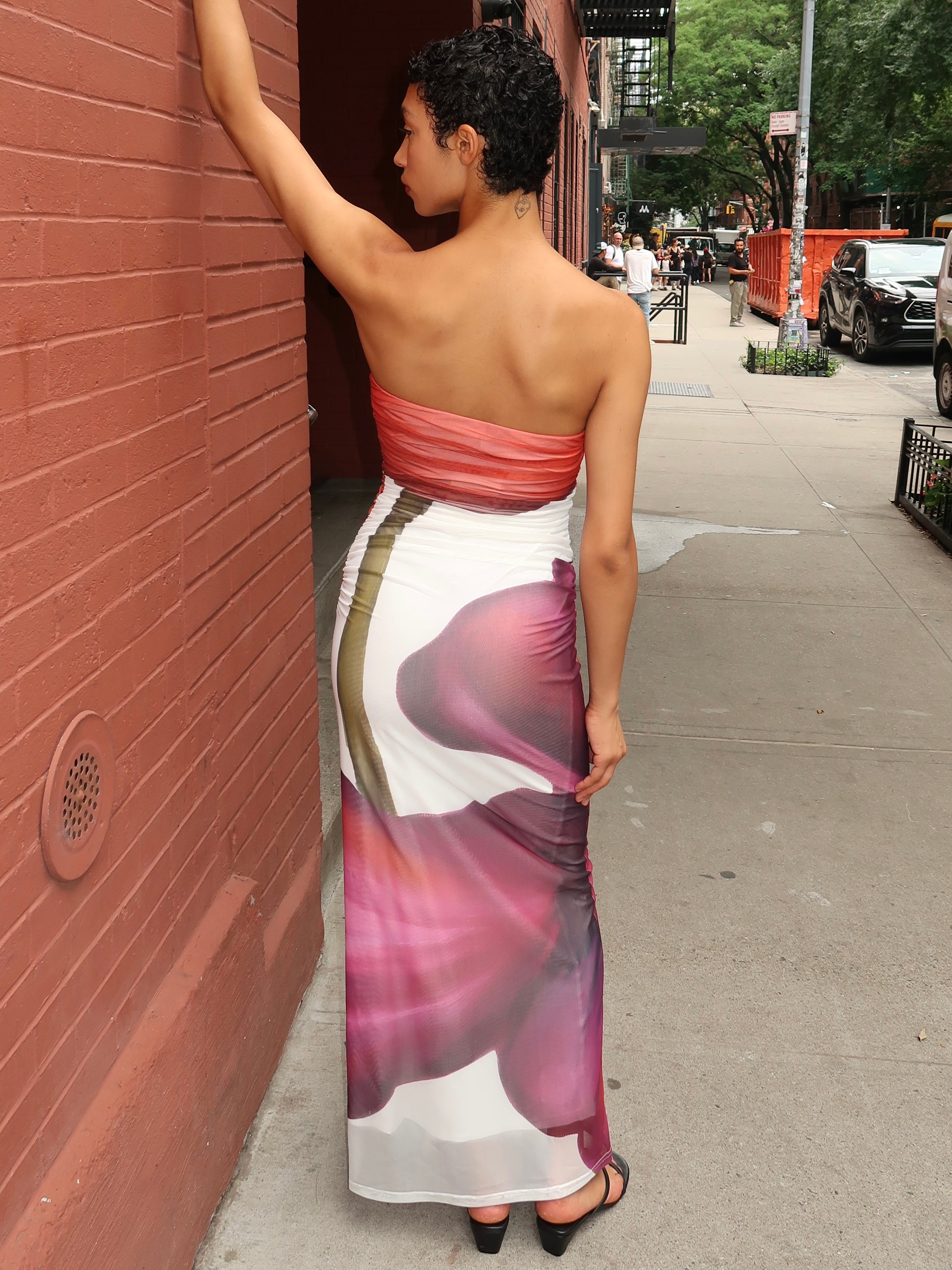 Sura Strapless Dress in Poppy Botanic