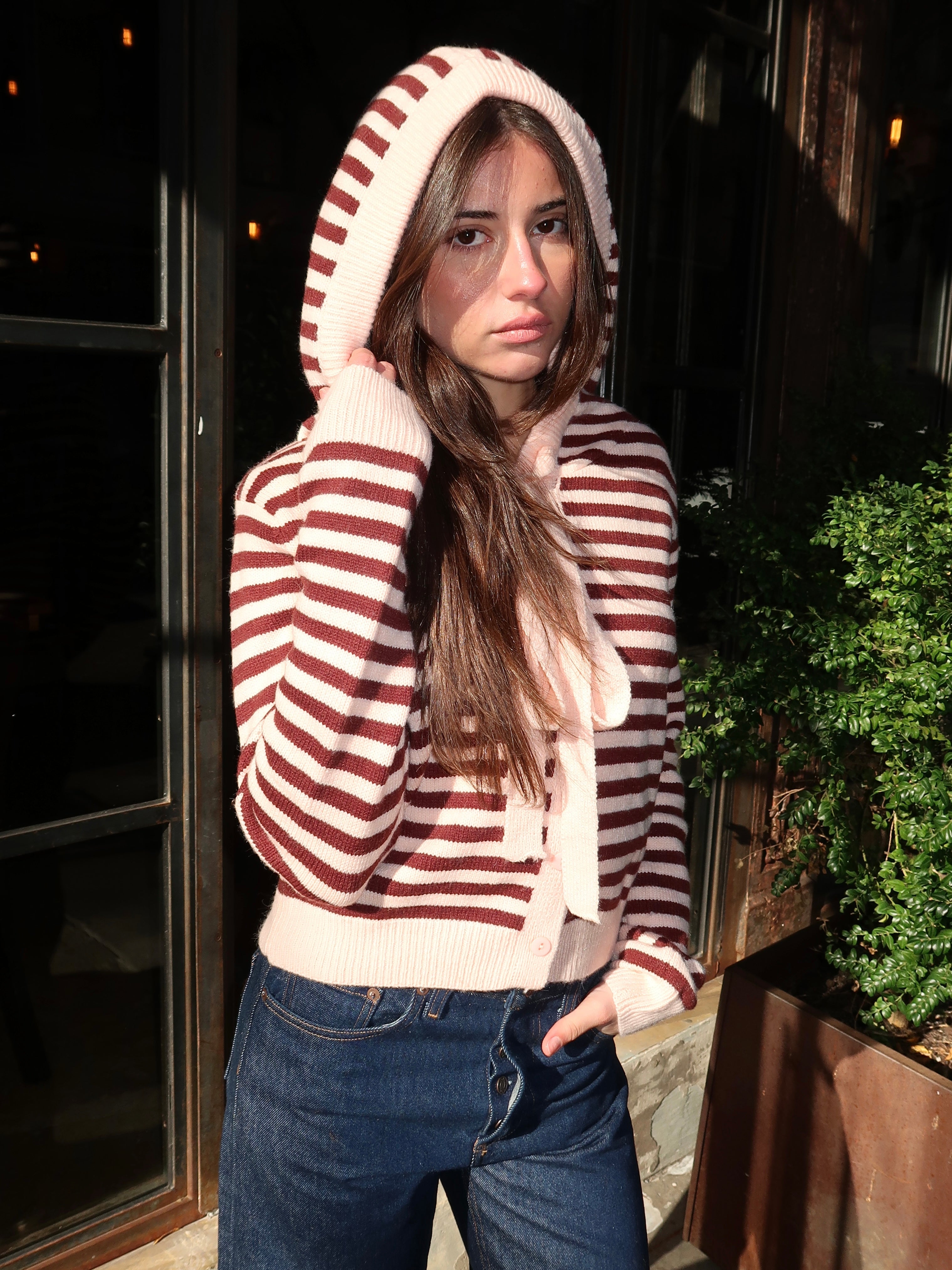 Farrah Hoodie Cardi in Striped Pink Multi