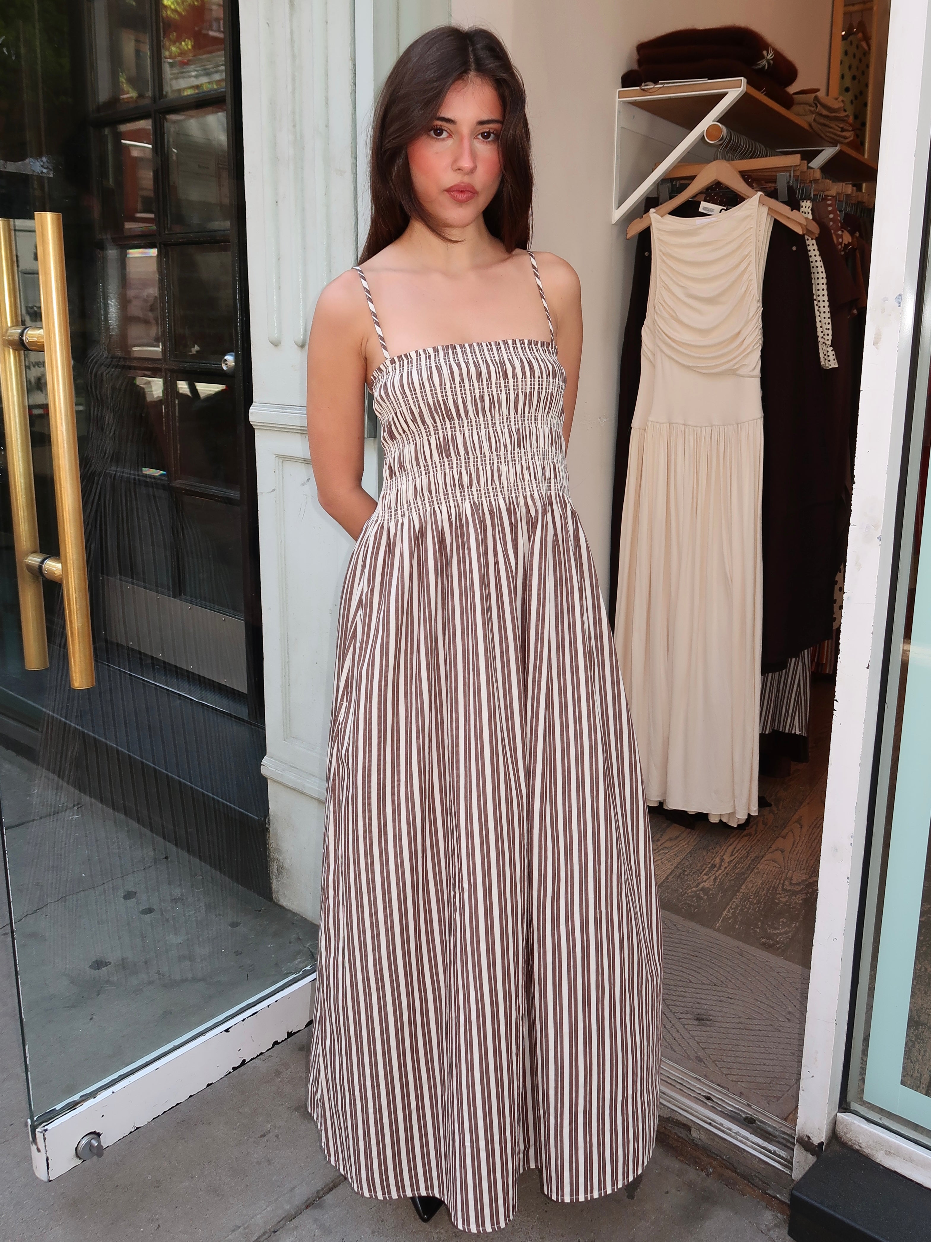 Bianca Shirred Bodice Dress in Java Stripe