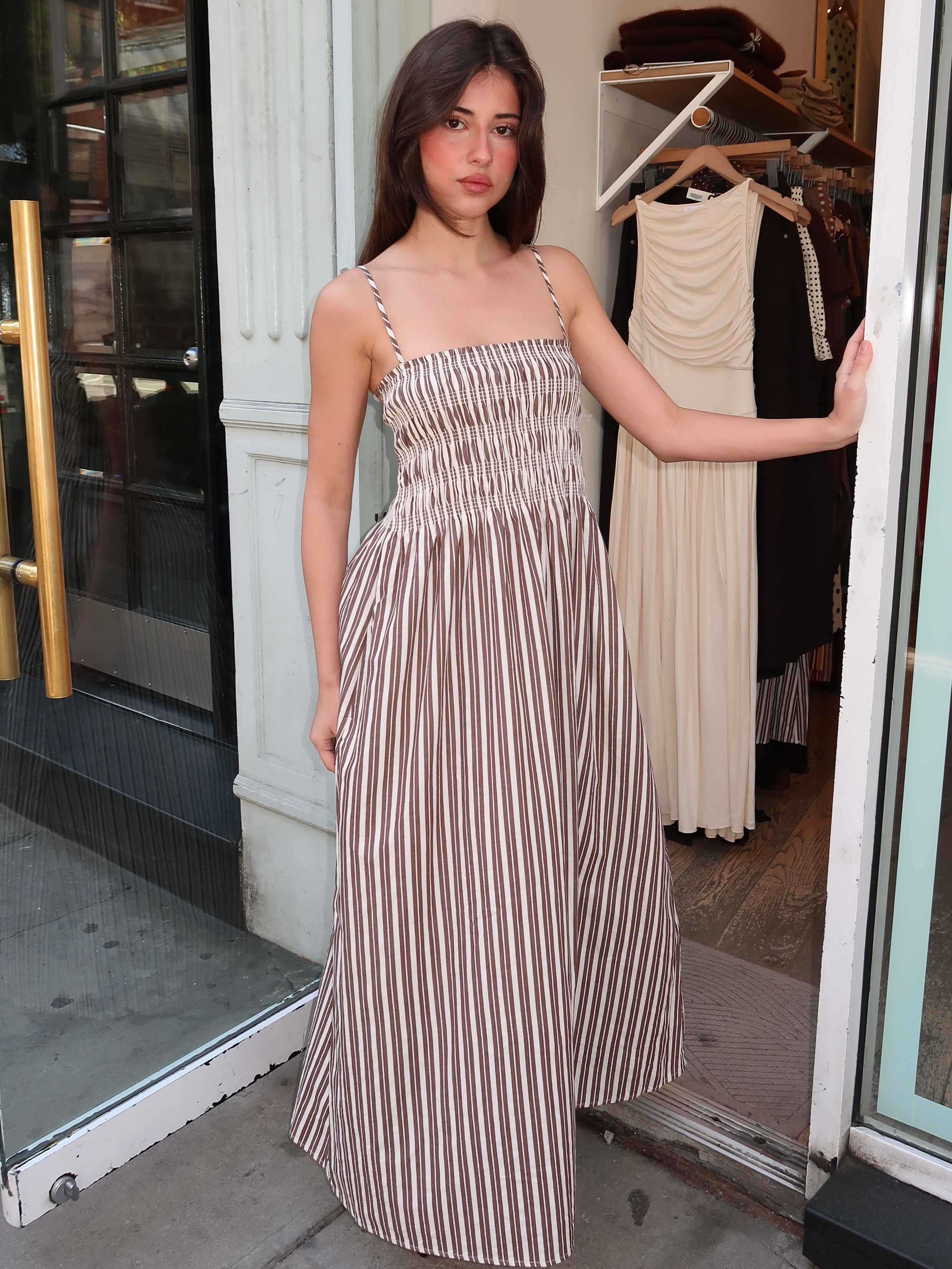 Bianca Shirred Bodice Dress in Java Stripe