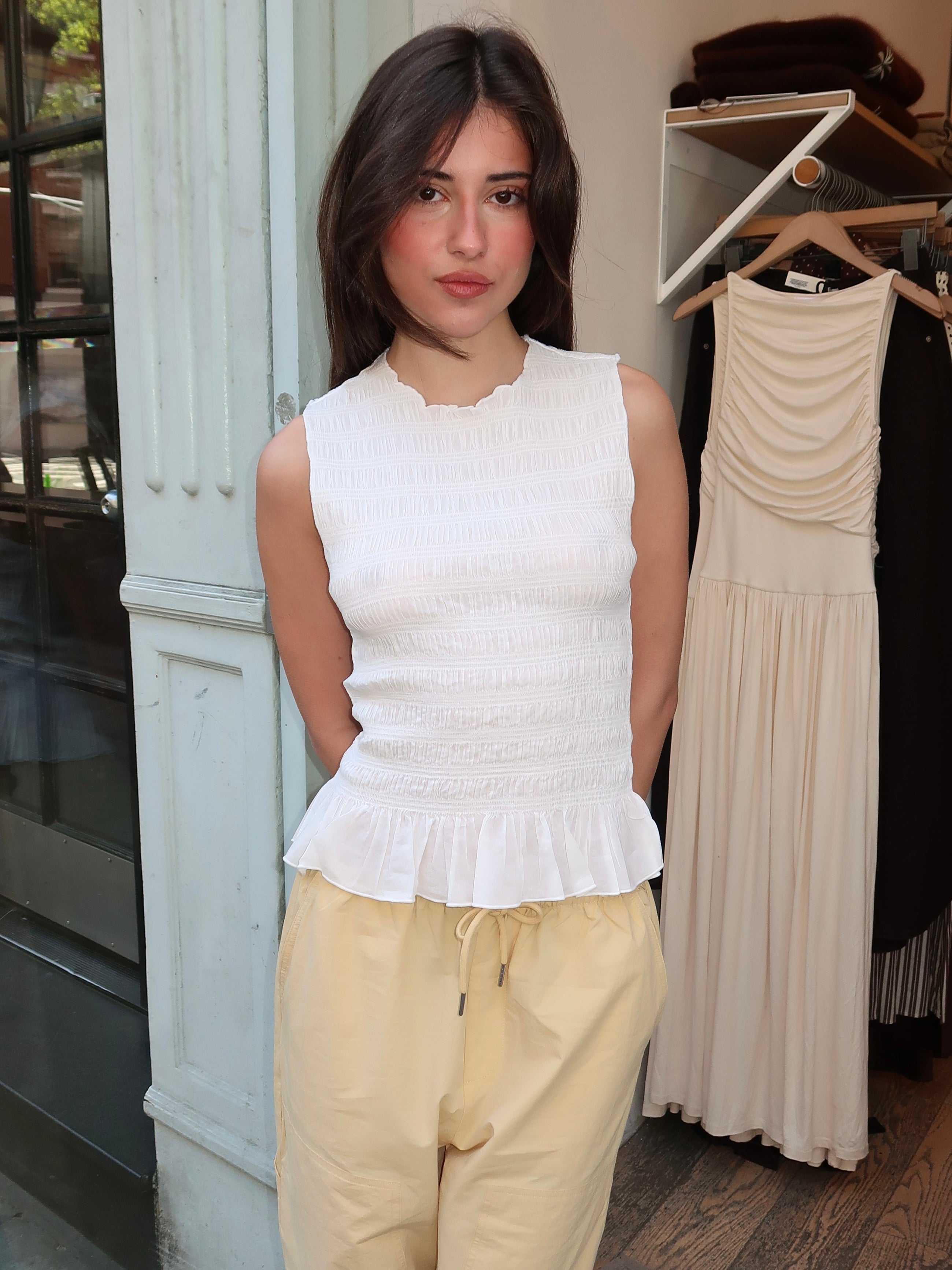 Phoebe Smocked Tank in Le Blanc