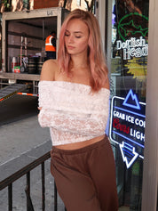 Long Sleeve Open Shoulder Lace Top in Off-White