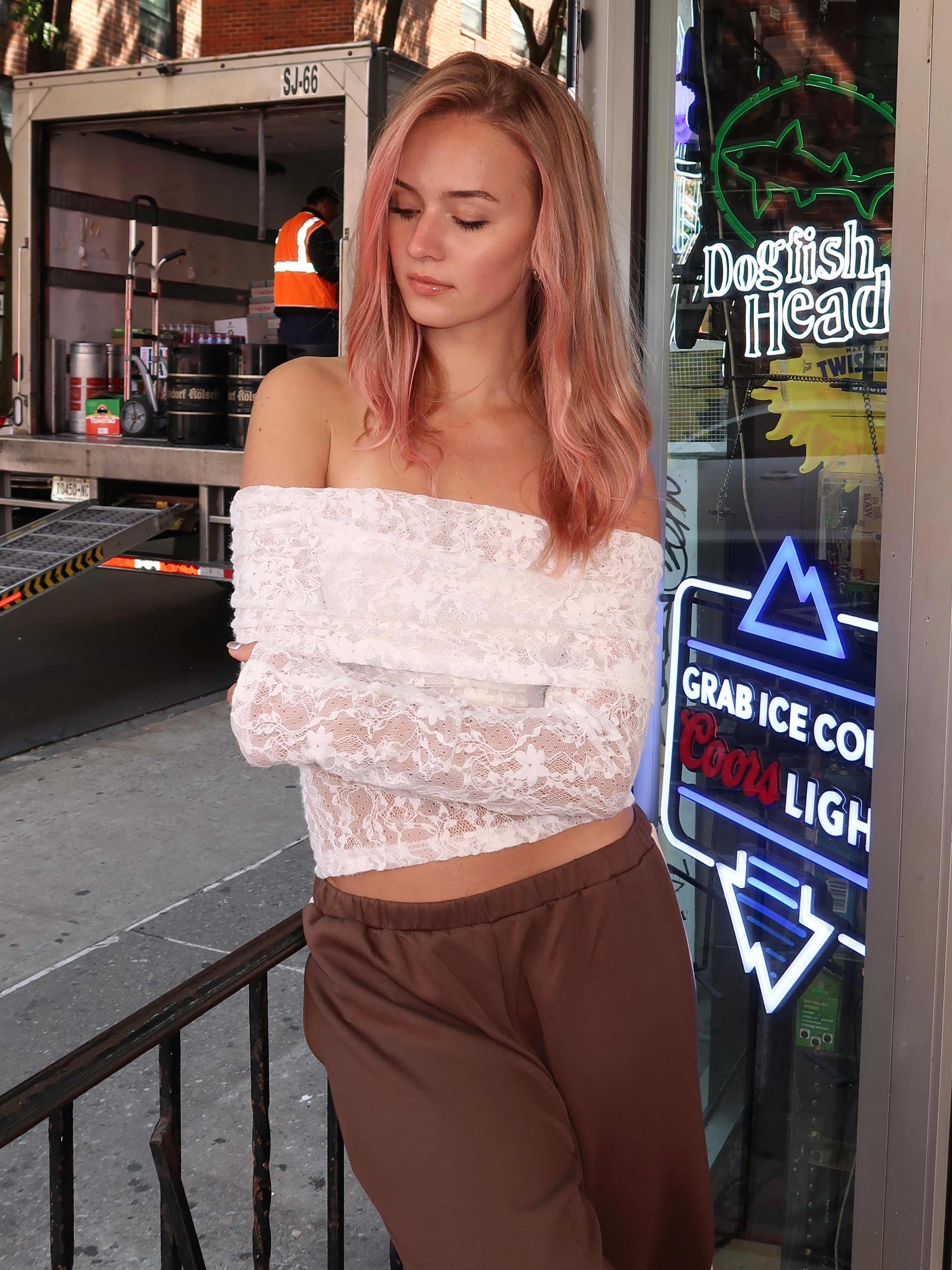 Long Sleeve Open Shoulder Lace Top in Off-White