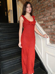 Lyra Ruffle Maxi Dress in Red Dot