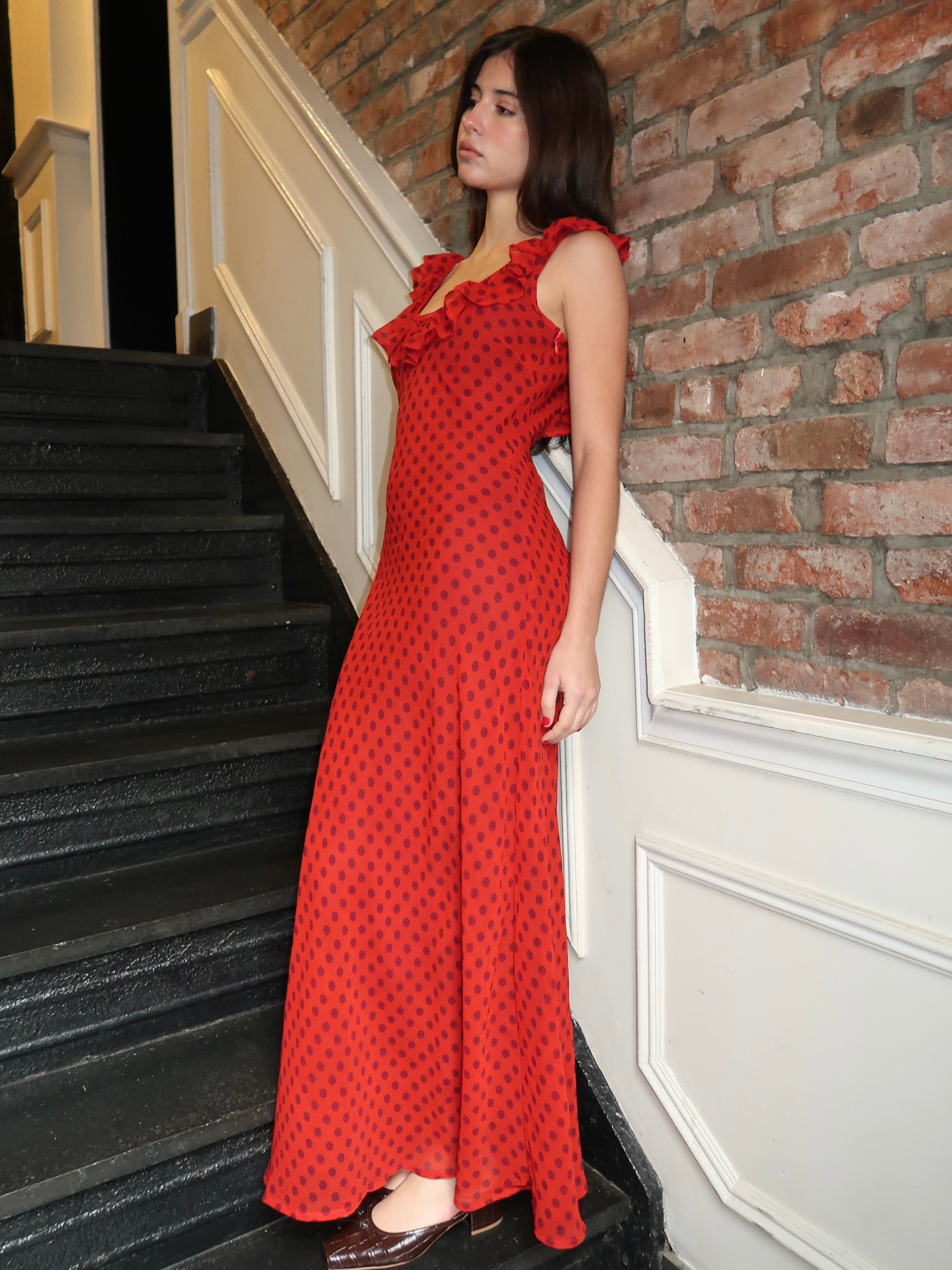 Lyra Ruffle Maxi Dress in Red Dot Lyra Ruffle Maxi Dress in Red Dot