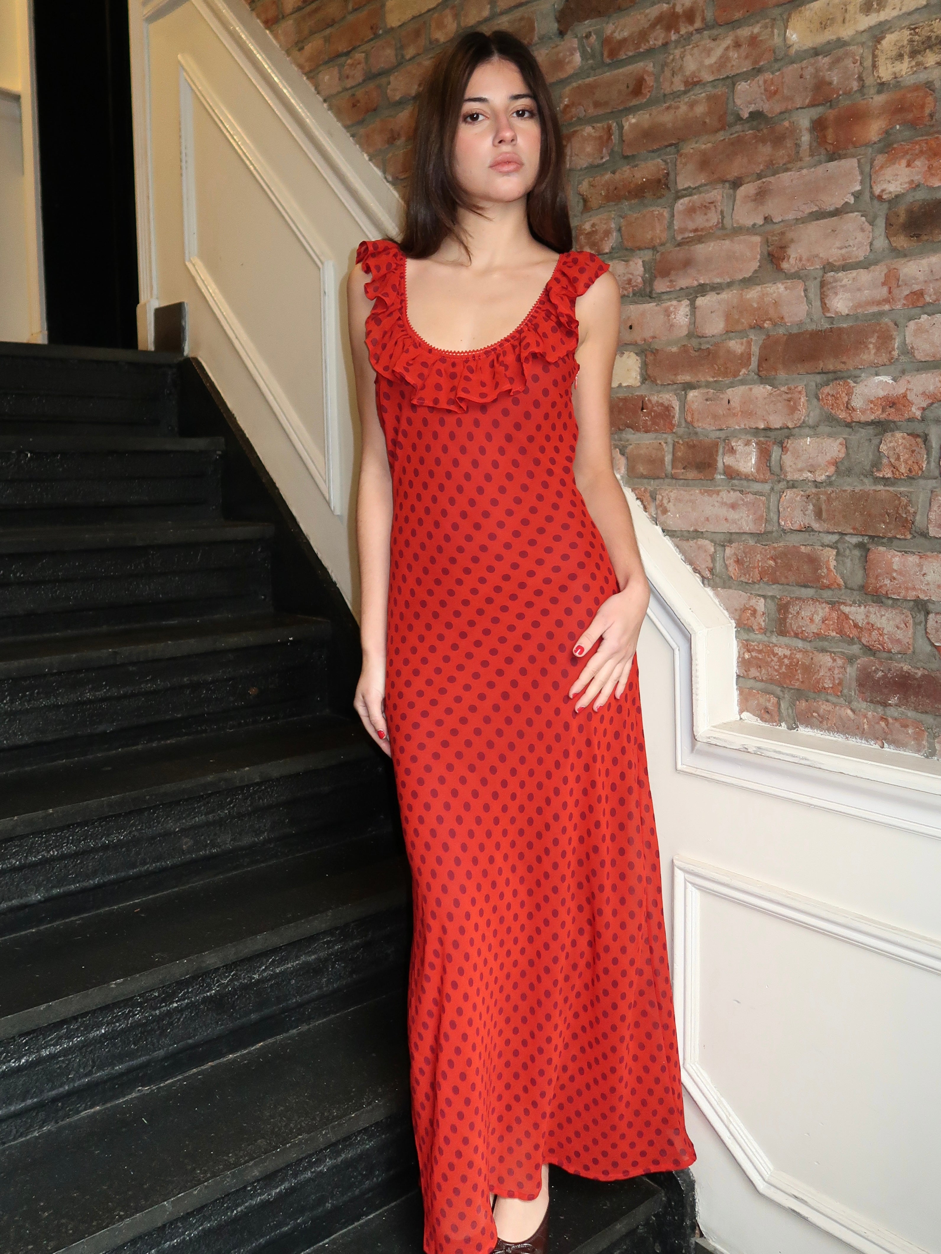 Lyra Ruffle Maxi Dress in Red Dot