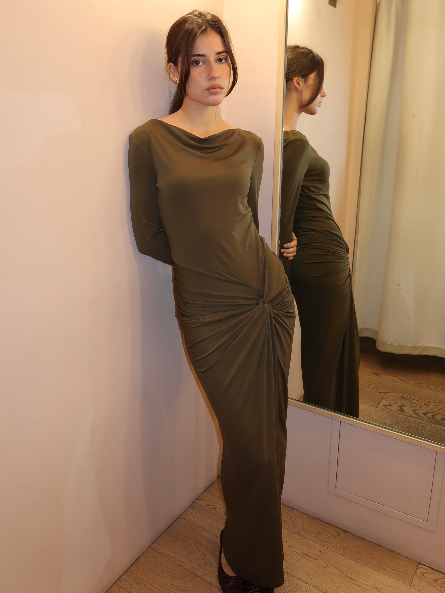 Sarlyn Long Sleeve Maxi Dress in Khaki Isalis Sarlyn Long Sleeve Maxi Dress in Khaki Isalis