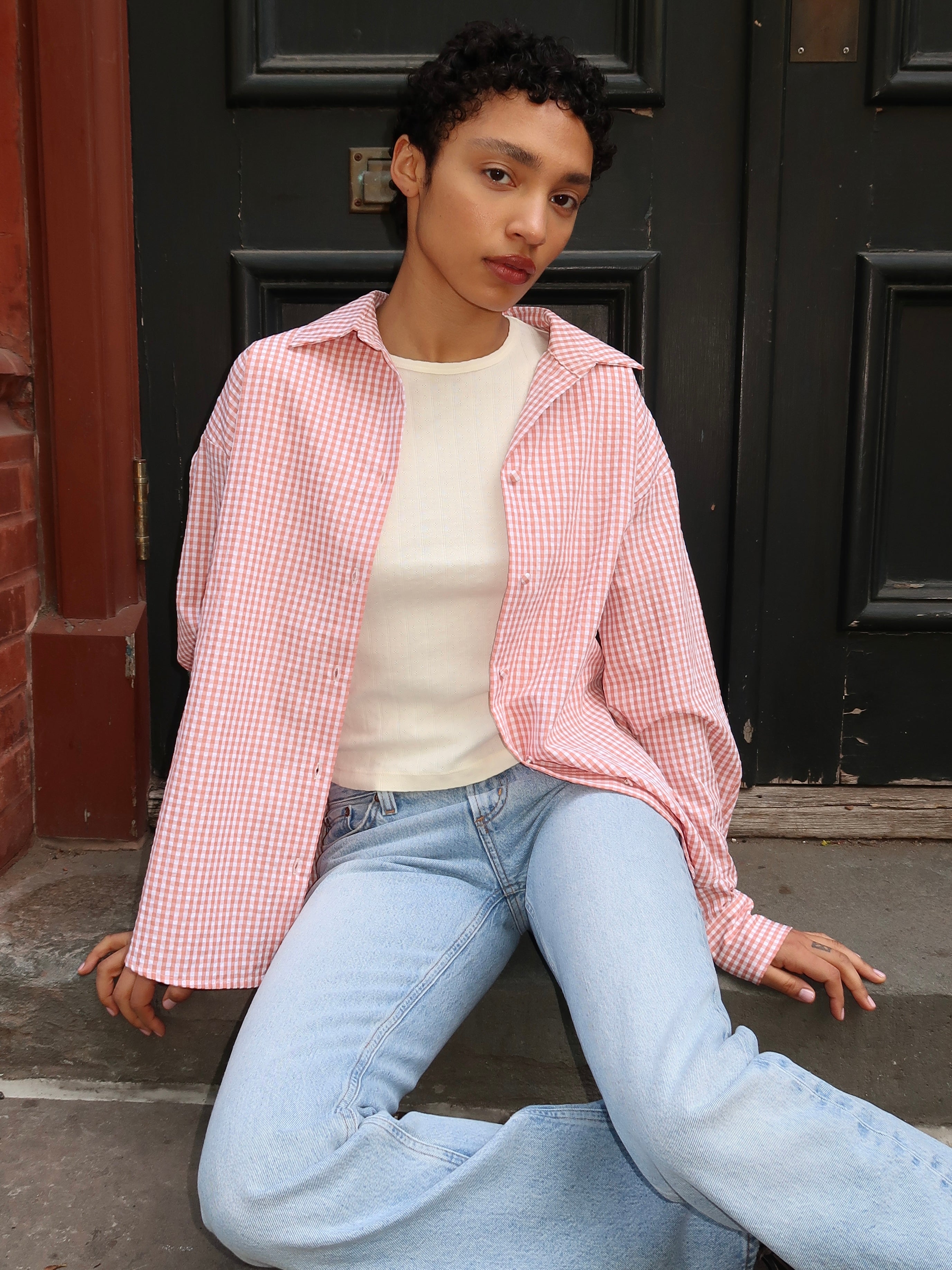Yulissa Button Down Long Sleeve in Tomato Gingham