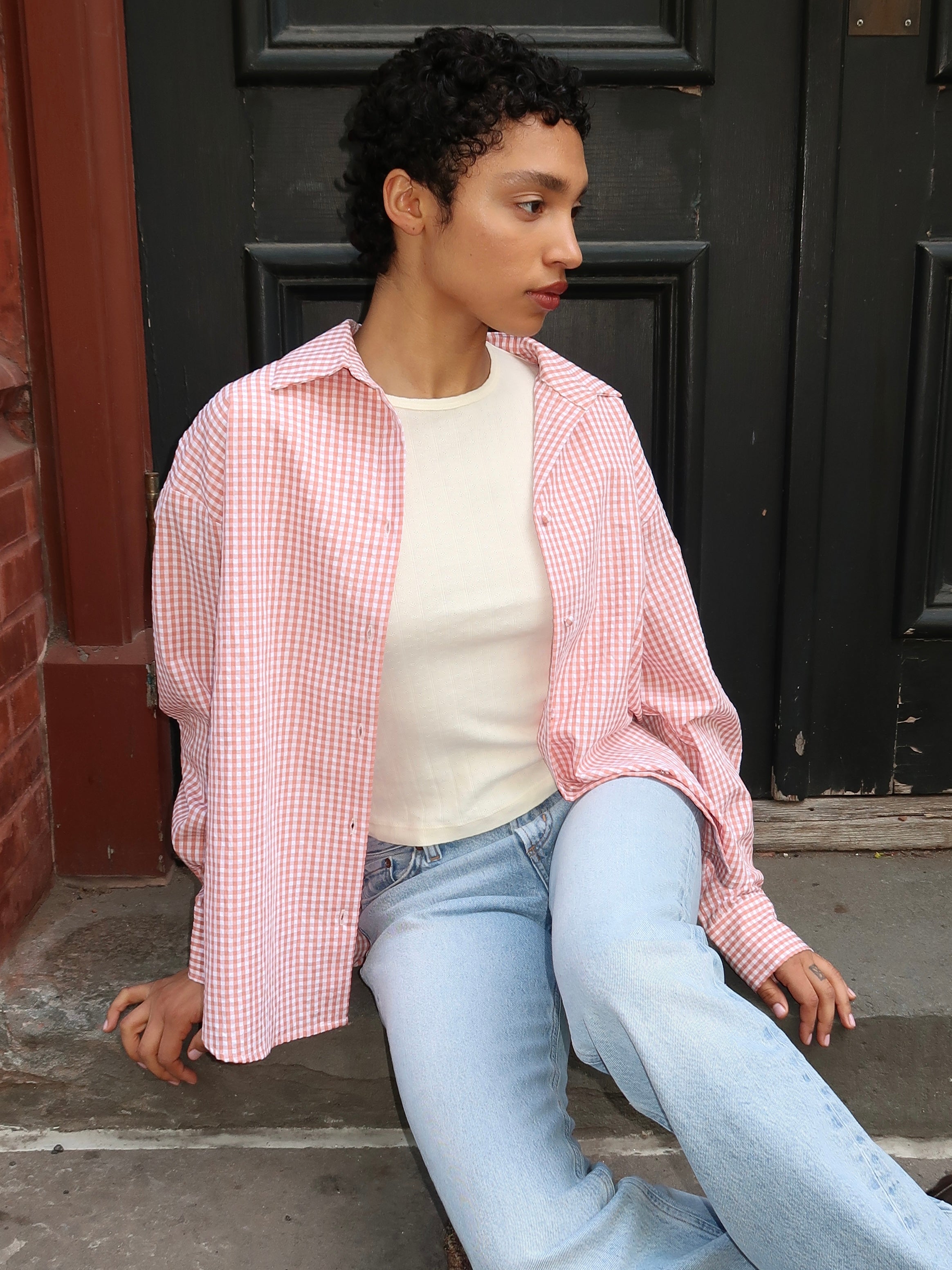 Yulissa Button Down Long Sleeve in Tomato Gingham