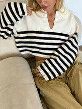 Load image into Gallery viewer, Blake Striped Polo Knit Top in Ivory

