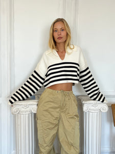 Blake Striped Polo Knit Top in Ivory