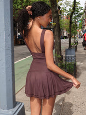 Rena Ruffle Mesh Mini Dress in Espresso