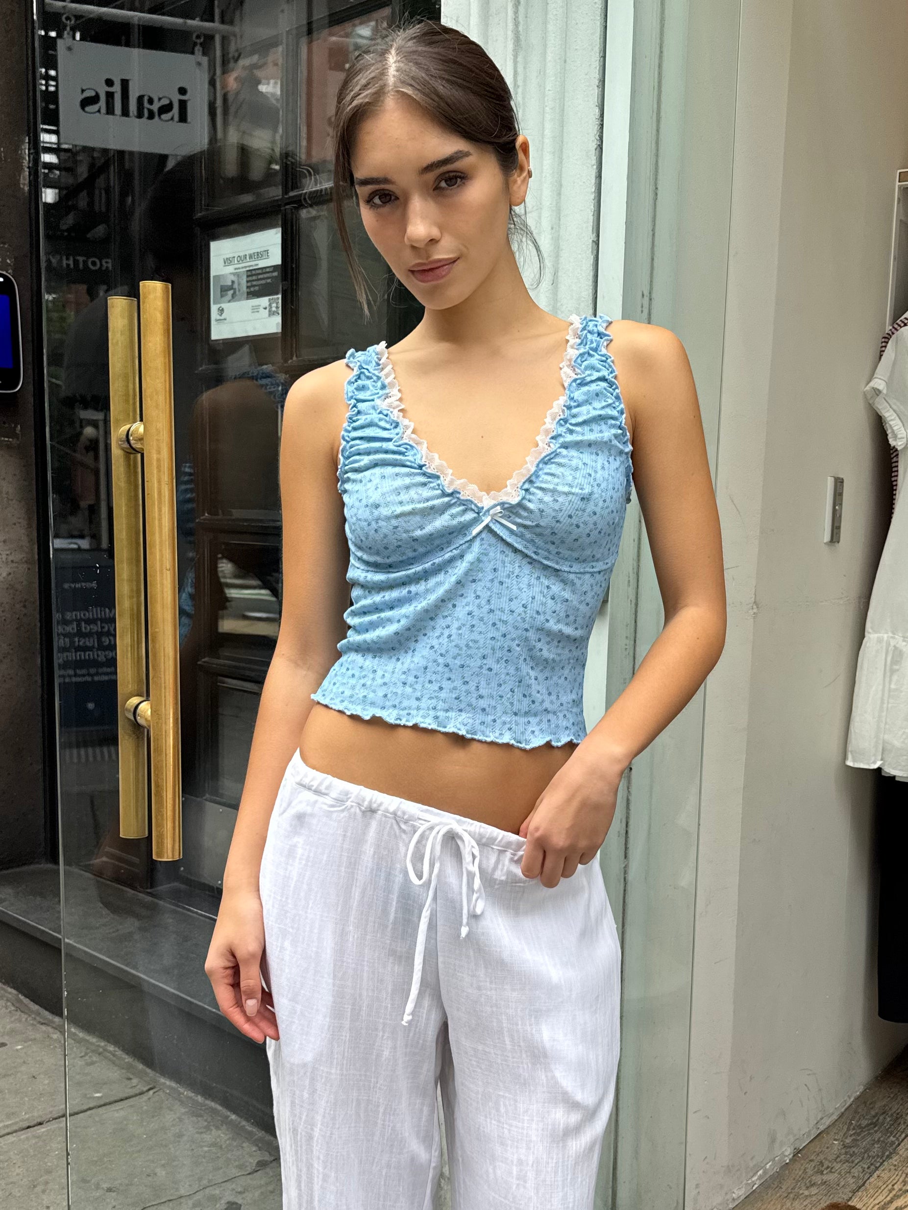 Dara Pointelle Lace Tank Top in Sky