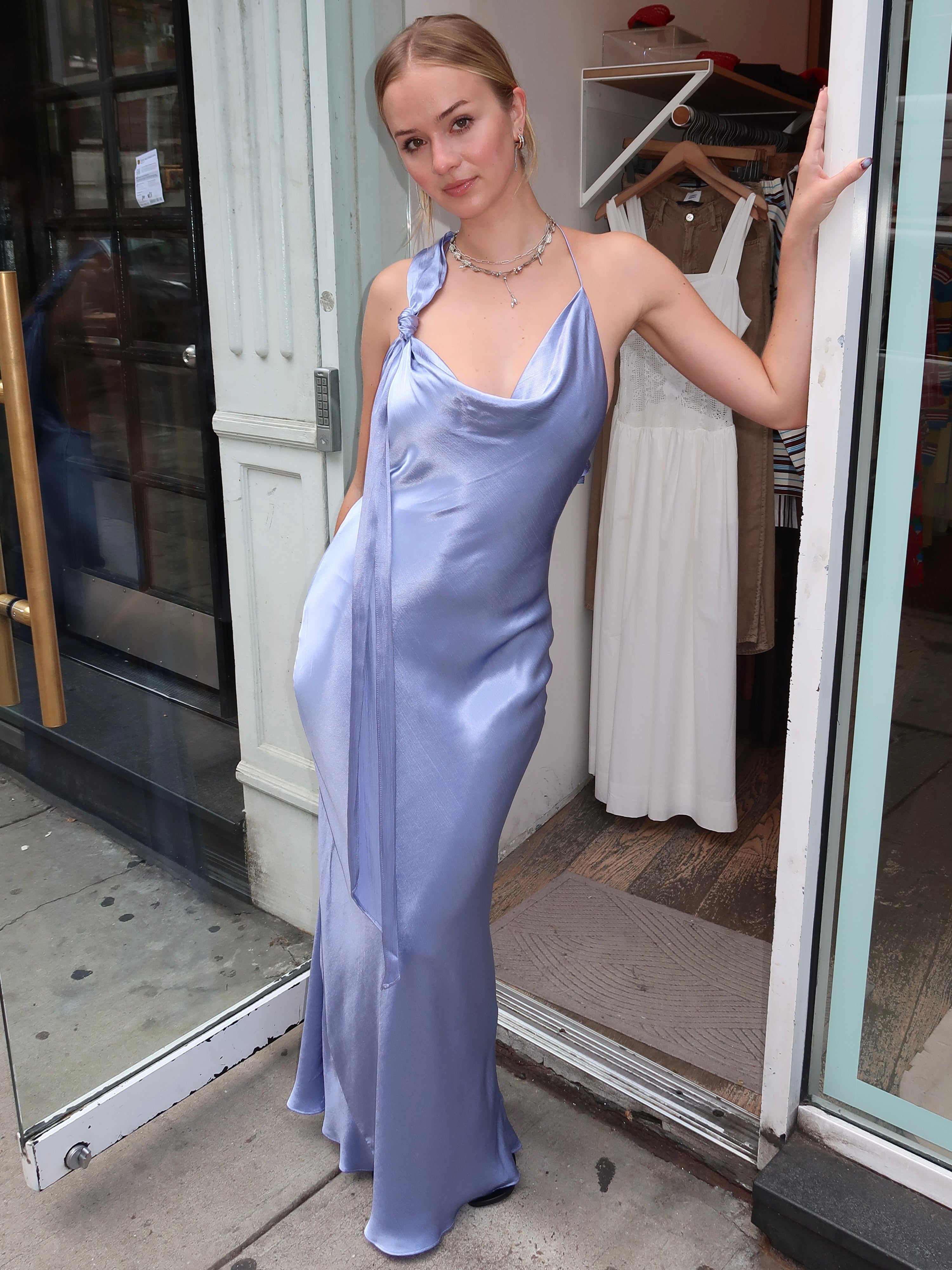 Angelyne Drape Maxi Dress in Periwinkle Blue