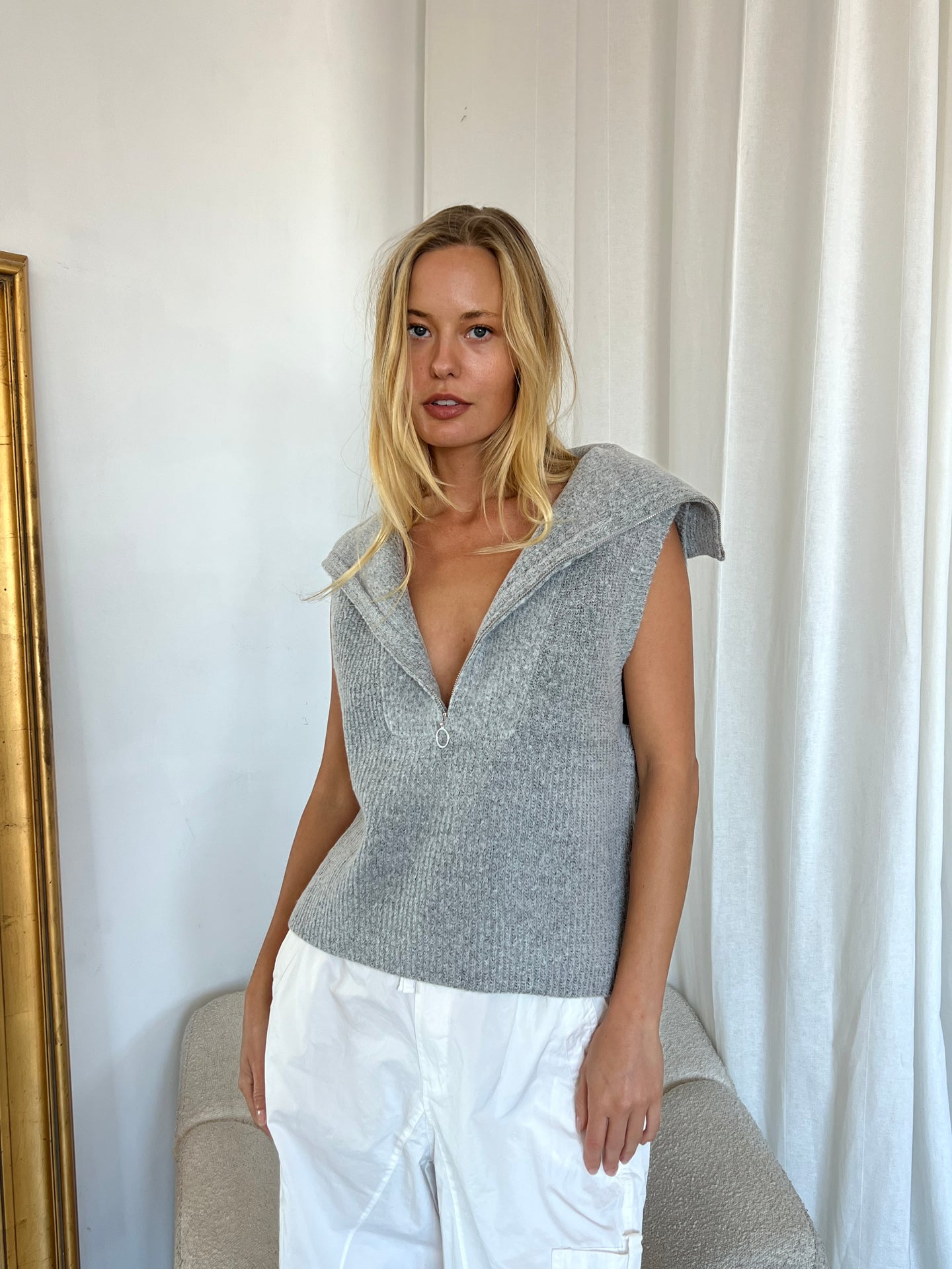 Mackenzie High Collar Rib-Knit Sweater Vest in Heather Grey