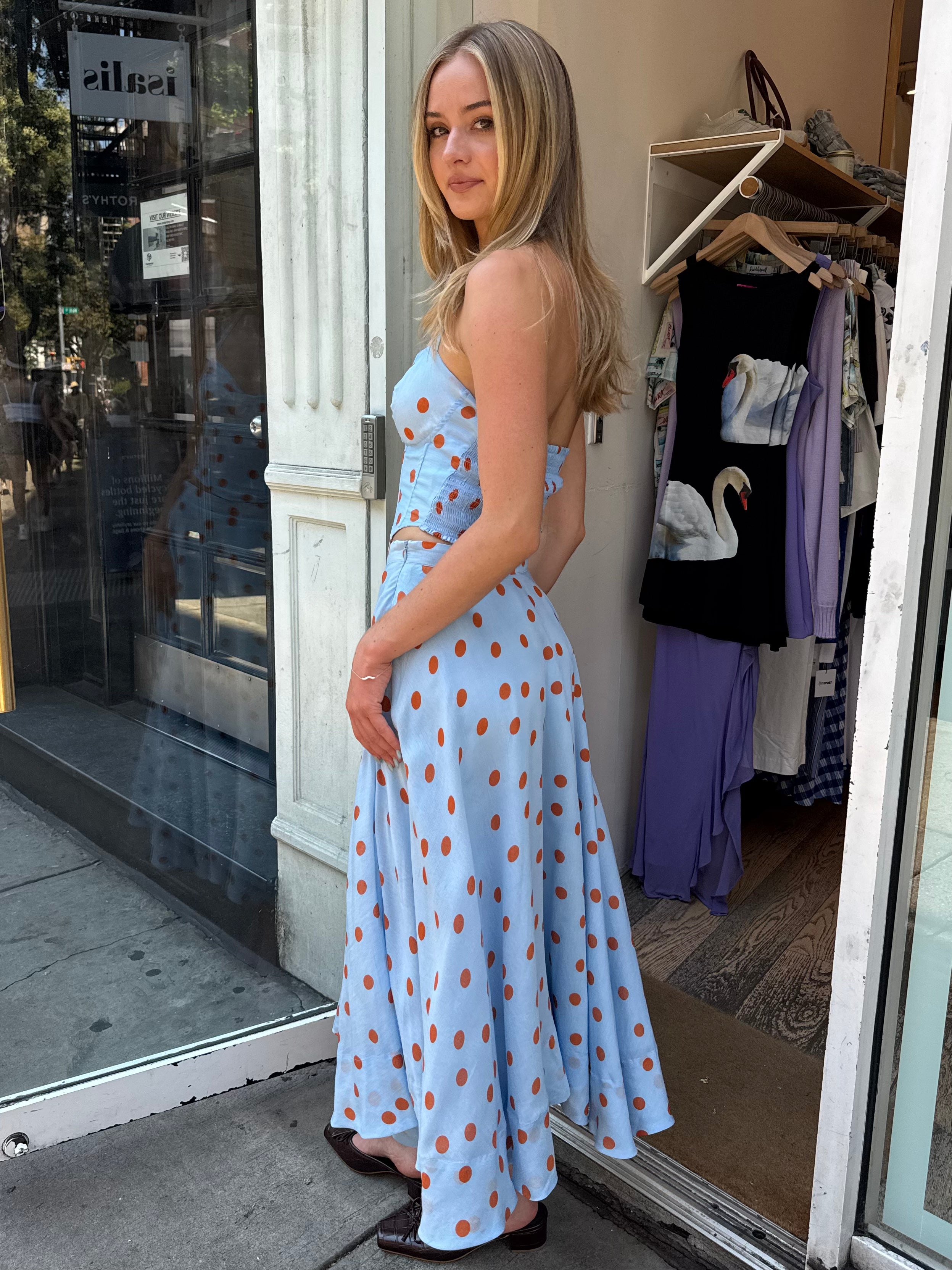 Janie Skirt in Blue Rust Polka Dot