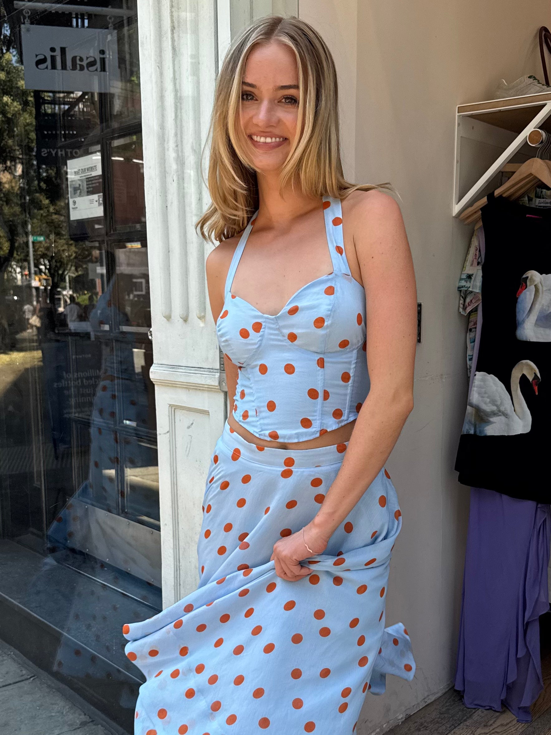 Janie Top in Blue Rust Polka Dot