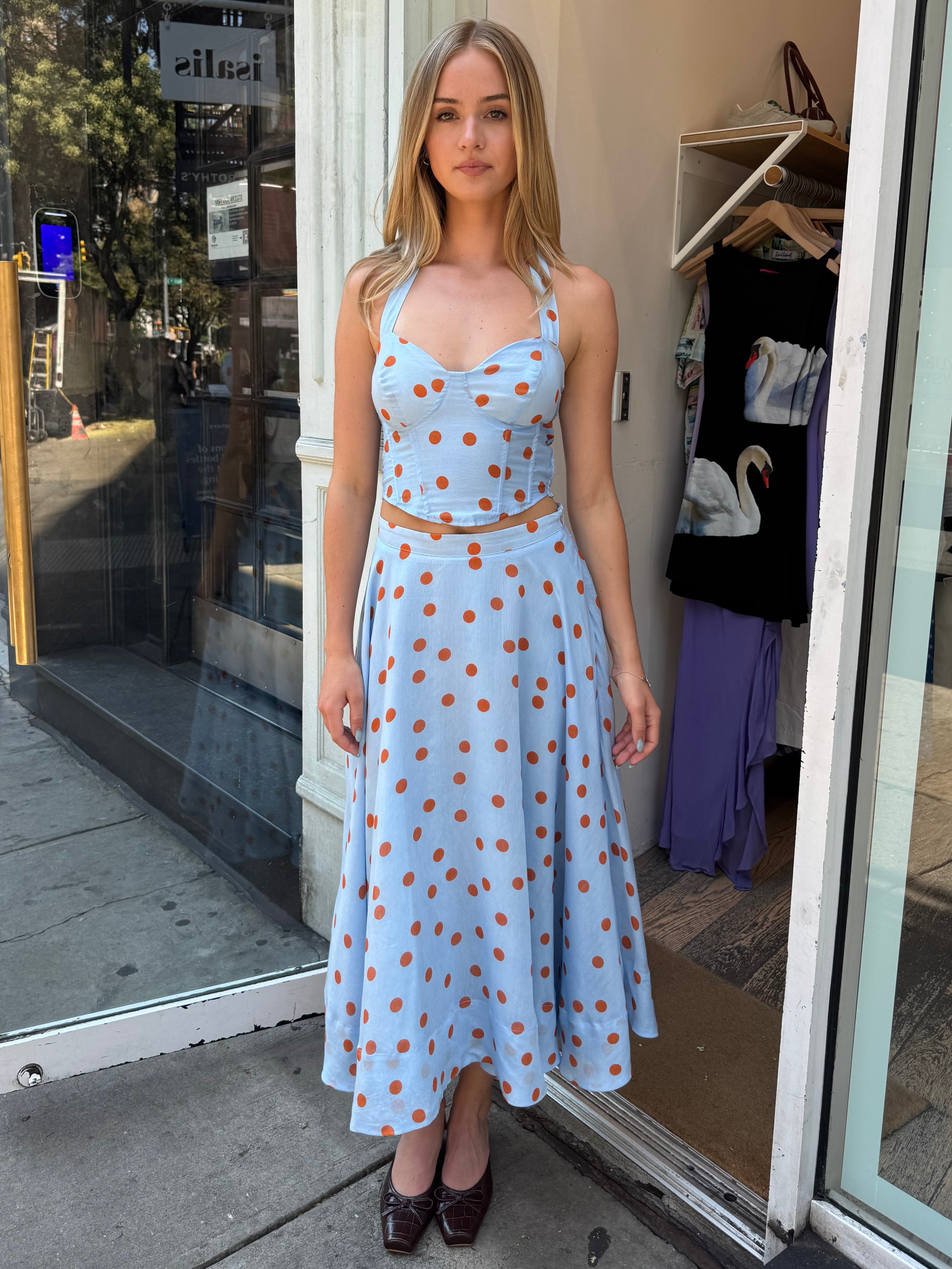 Janie Skirt in Blue Rust Polka Dot