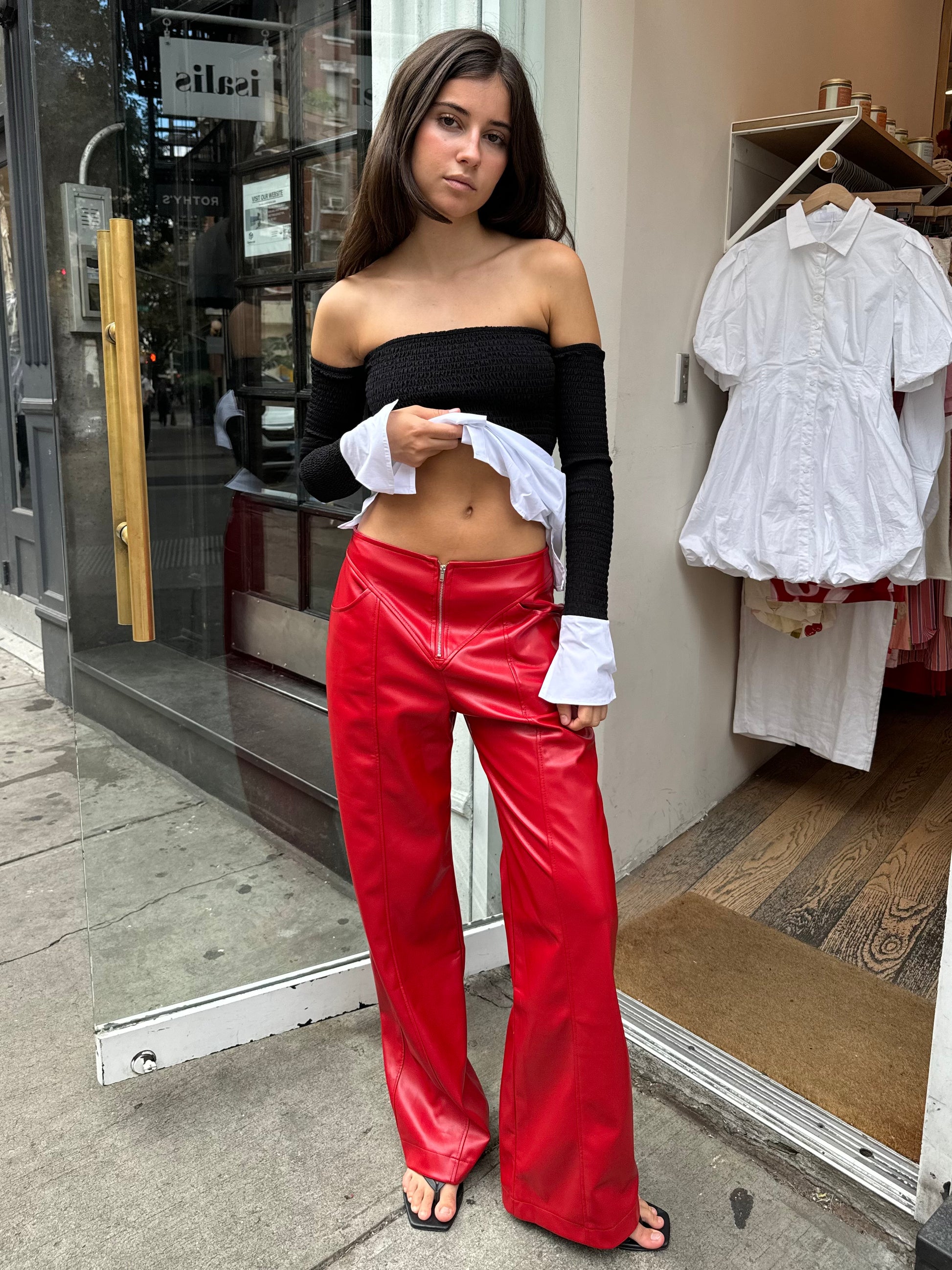 Red leather joggers online
