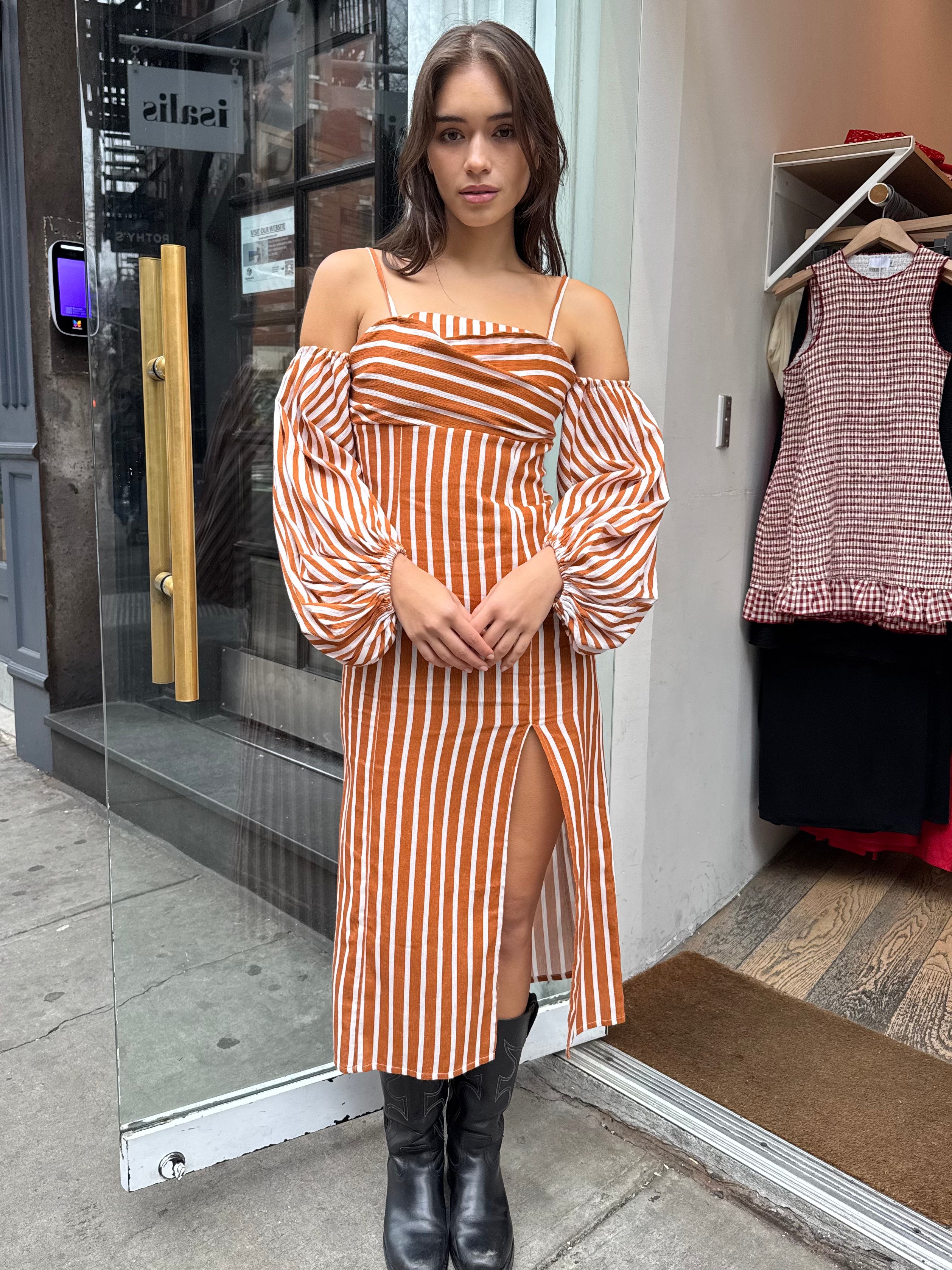 Nara Striped Midi Dress in Ecru/Orange