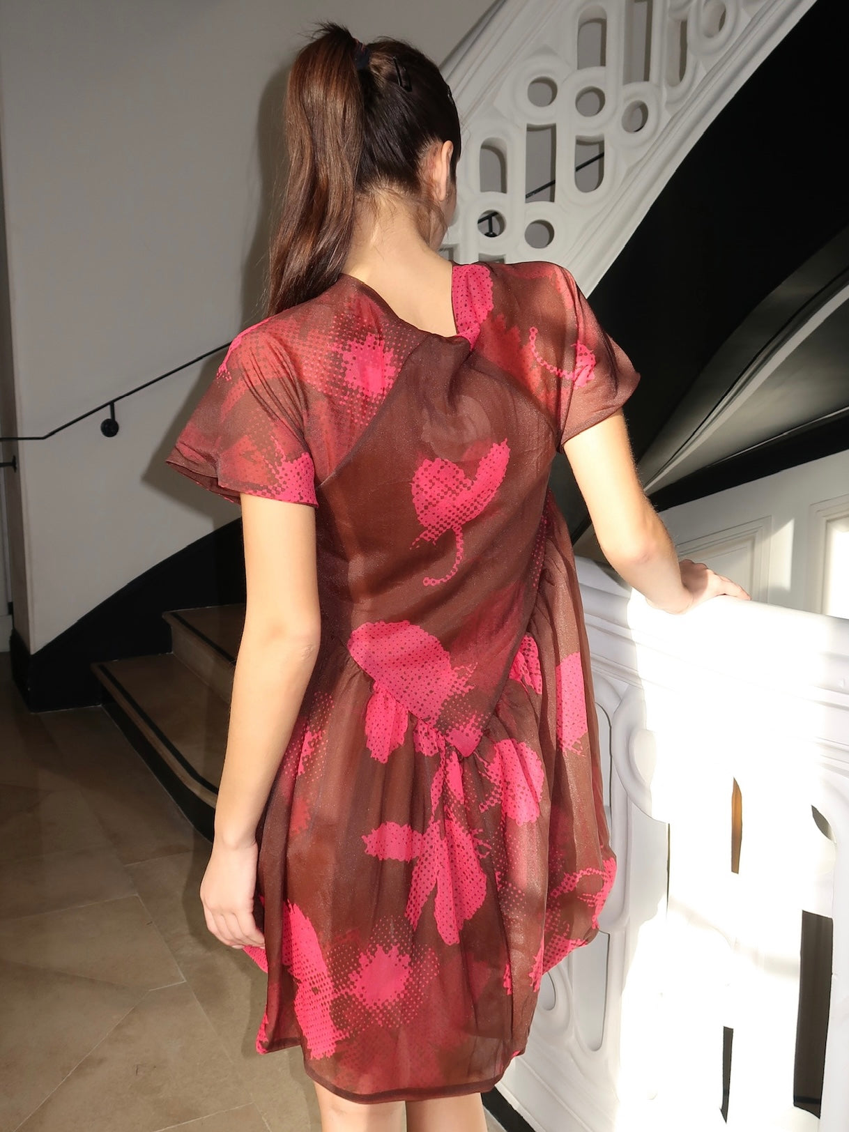 Loop Mesh Semi Sheer Printed Babydoll Dress in Brown & Pink Strawberry Blossom Loop Mesh Semi Sheer Printed Babydoll Dress in Brown & Pink Strawberry Blossom