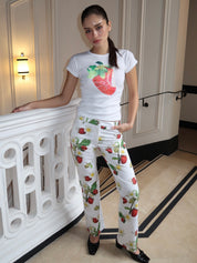 Printed Jeans in White Strawberry Blossom