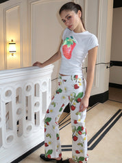 Printed Jeans in White Strawberry Blossom