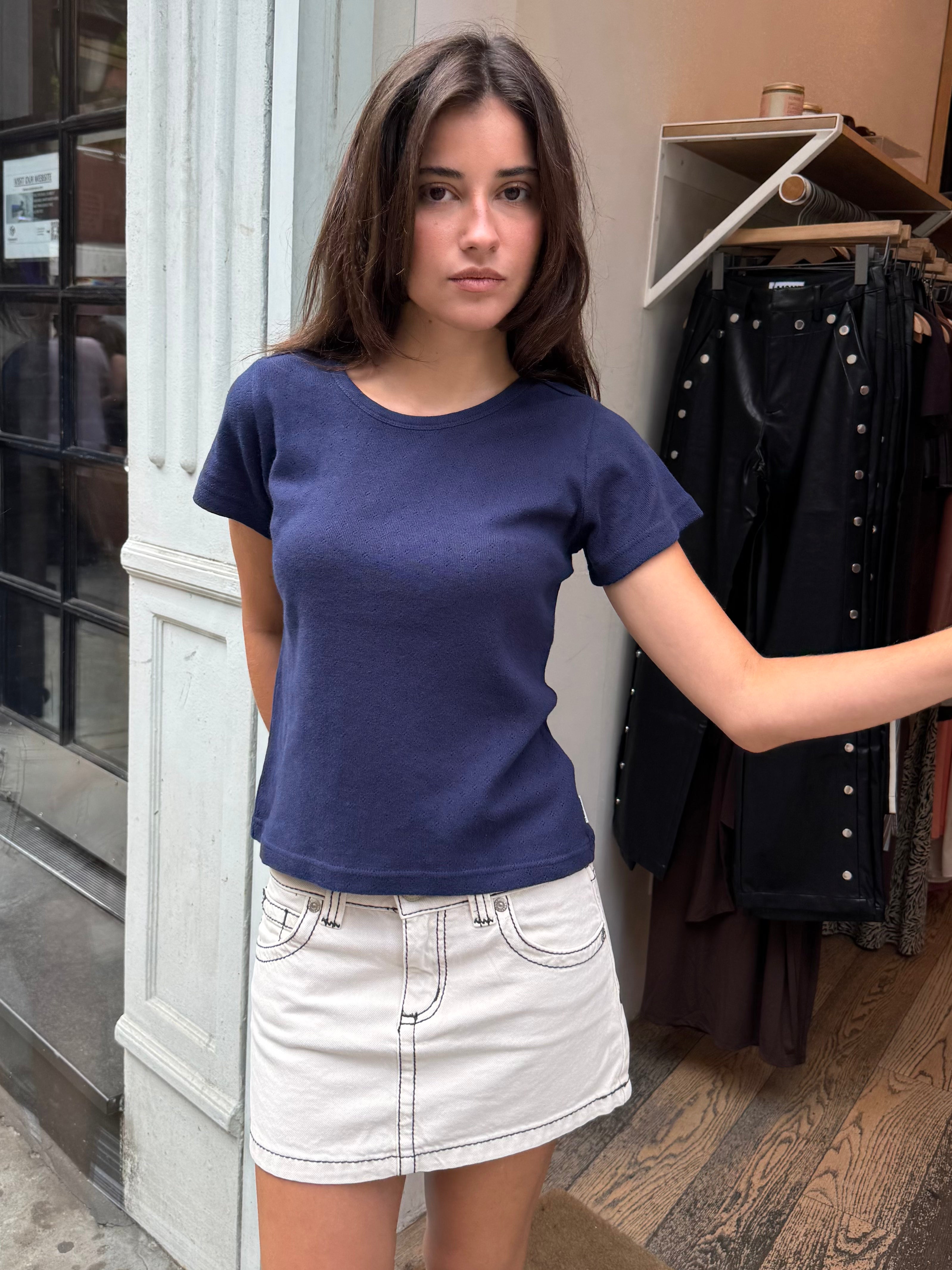 Pointelle Babe Tee in Navy